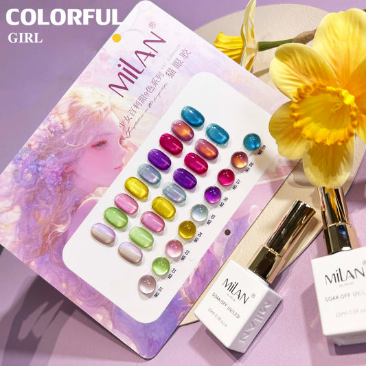 【พร้อมส่ง】MILAN สีเจลแคทอายเนื้อซาติน 9 สีสุดฮิต | สีลูกแก้วแวววาว | แถมชาร์ตสีฟรี! (ทาสีจริงให้แล้ว) แม่เหล็กแน่น เล่นไฟดี Cat eye 9สี