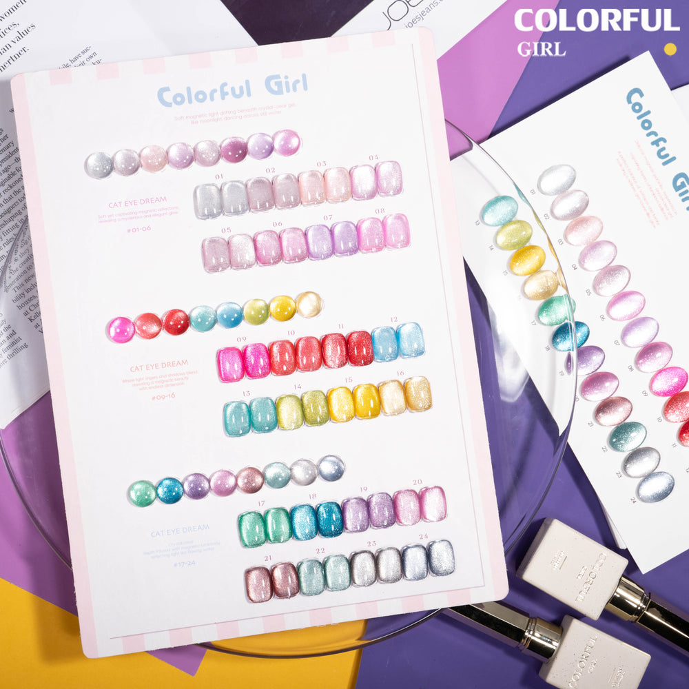COLORFUL GIRL สีเจลแคทอาย 24 สี｜เม็ดแม่เหล็กเข้มข้นพิเศษ｜เอฟเฟกต์แสงวิบวับเหมือนแสงดาว｜โทนสีมาคารองหวานละมุน 💖