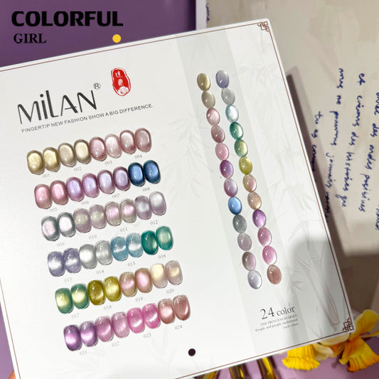 【พร้อมส่ง】MILAN 24สี   เจลแคทอายผิวซาตินมุก + สีเจลแคทอาย  สีเจลแคทอายเนื้อซาติน  สีเจลแคทอาย 24สี    สีลูกแก้ว ฟรีชาร์ทสี Cat eye  24สี  (แถม ชาร์ทสี ทามาให้แล้ว)สีสวยมาก เงางามละเอียด เม็ดสีแน่นชัด