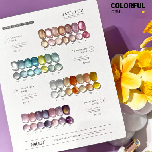 【พร้อมส่ง】MILAN 28สี   เจลแคทอายผิวซาตินมุก + สีเจลแคทอาย  สีเจลแคทอาย  28สี    สีลูกแก้ว ฟรีชาร์ทสี Cat eye  28สี  (แถม ชาร์ทสี ทามาให้แล้ว)