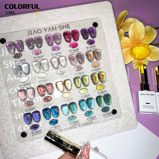 พร้อมส่งในไทย 《 JIAOYANSHE 》20 สี สีเจลแคทอายประกายเพชร（แคทอายสูตรนี้มีดีที่กลิตเตอร์! ใส่ผงแฟลชเข้าไป วิบวับขั้นสุด） สีเจลทาเล็บแคทอาย    สีลูกแก้วแคทอาย สีลูกแก้ว ส่งไว