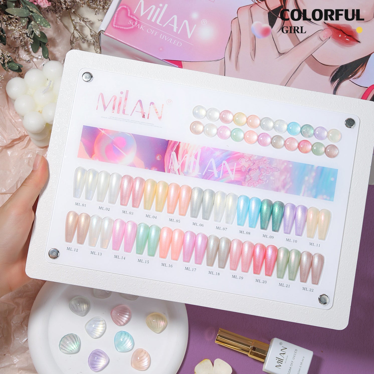 MILAN เซ็ท 22 สี  ออโรร่าเซ็ทเปลือกหอย  แถมฟรีชาร์ทอะคริลิคสำเร็จรูป