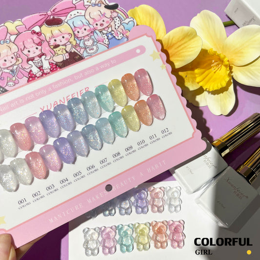 【พร้อมส่ง】XUANFEIER สีเจลแฟลช 12สี   สีทาเล็บเจล 12สี  สีเจลกลิซเตอร์ 12สี（XUANFEIER) สีเจล12สี สีเจลแฟลช   แถม ชาร์ทสี (แถม ชาร์ทสี ทามาให้แล้ว)