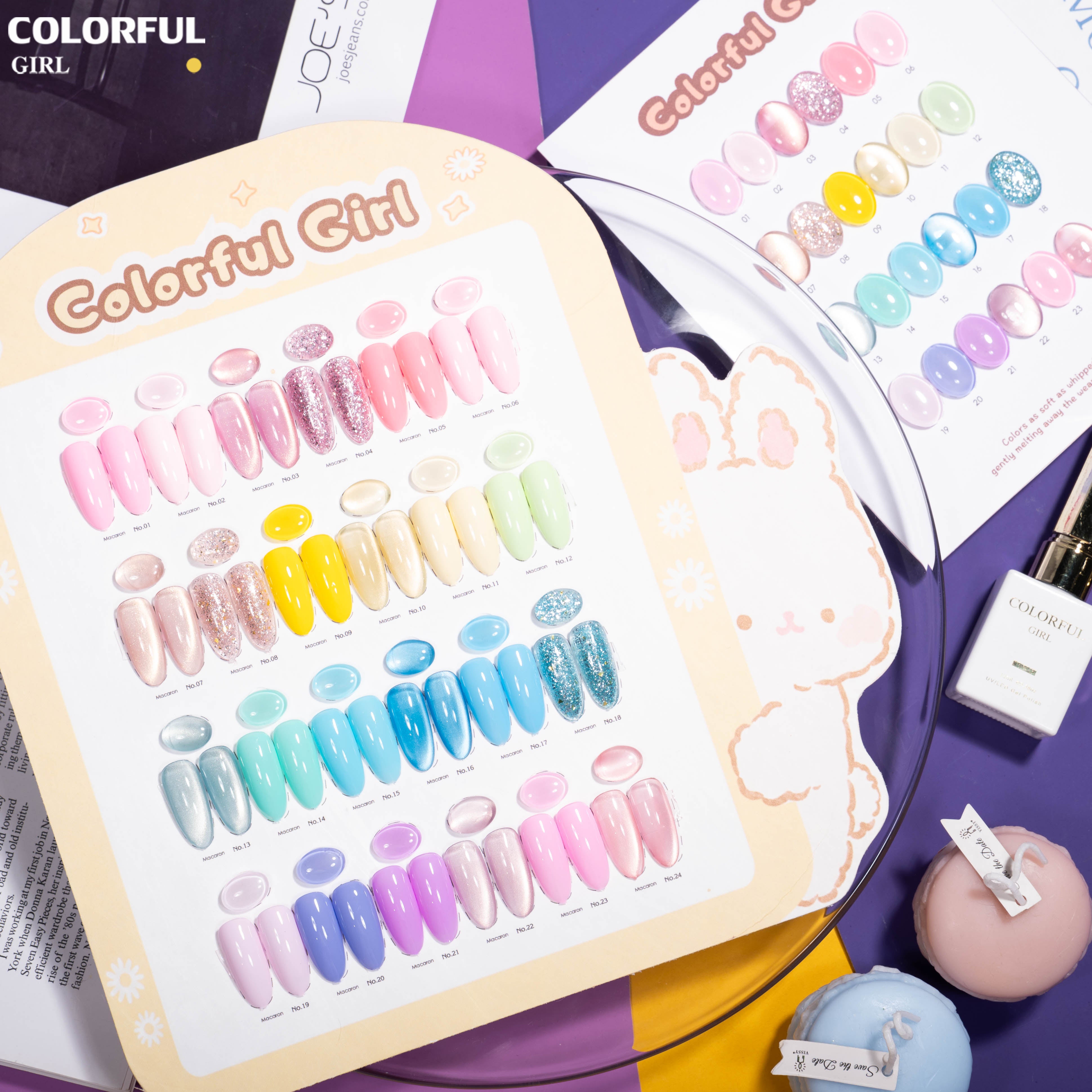 COLORFUL GIRL 24 สี โทนมาคารอง ✨｜เจลสีพื้น + เจลกลิตเตอร์ + เจลแคทอาย｜ฟีลนุ่มละมุนเหมือนครีม｜โทนสีหวานสไตล์สาวน่ารัก｜พลังความสดใสแบบสาวคิวท์ 💅