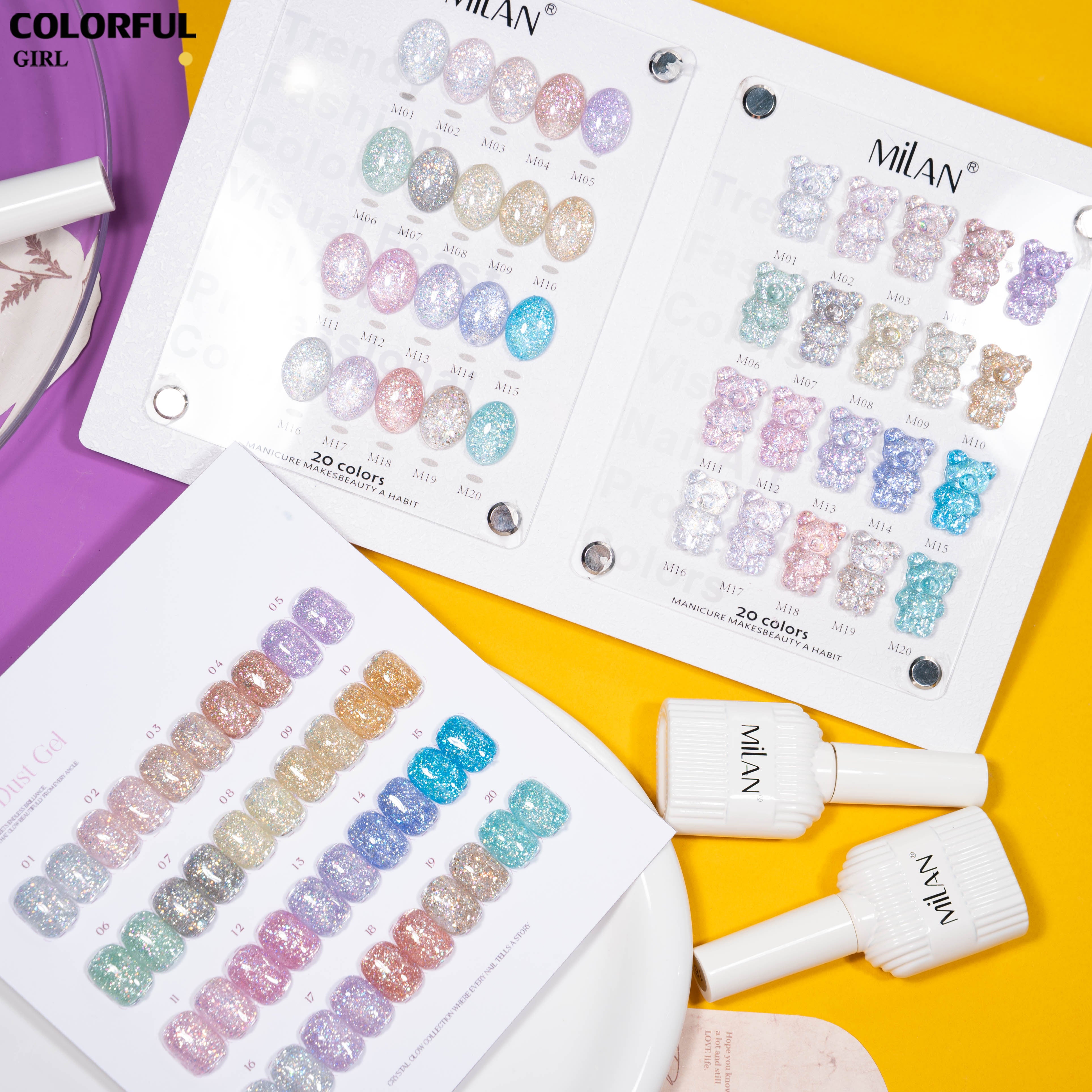 MILAN เจลกลิตเตอร์ประกายเพชร 20 สี ✨｜เอฟเฟกต์กลิตเตอร์ละเอียดเหมือนเพชร｜กลางวันเป็นประกายระยิบระยับ｜กลางคืนเล่นแสงสวยเหมือนเพชร｜เจลทาเล็บเจลลุคหรู｜มีชาร์ทสีสำเร็จรูป พร้อมใช้งาน