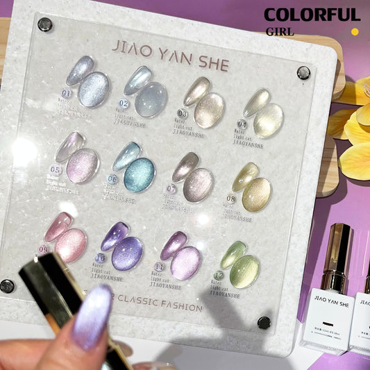 พร้อมส่งในไทย 《 JIAOYANSHE 》12 สี สีเจลแคทอายเนื้อซาติน สีเจลทาเล็บแคทอาย    สีลูกแก้วแคทอาย สีลูกแก้ว ส่งไว!แผนภูมิอะคริลิคพร้อมสต็อก + แม่เหล็ก