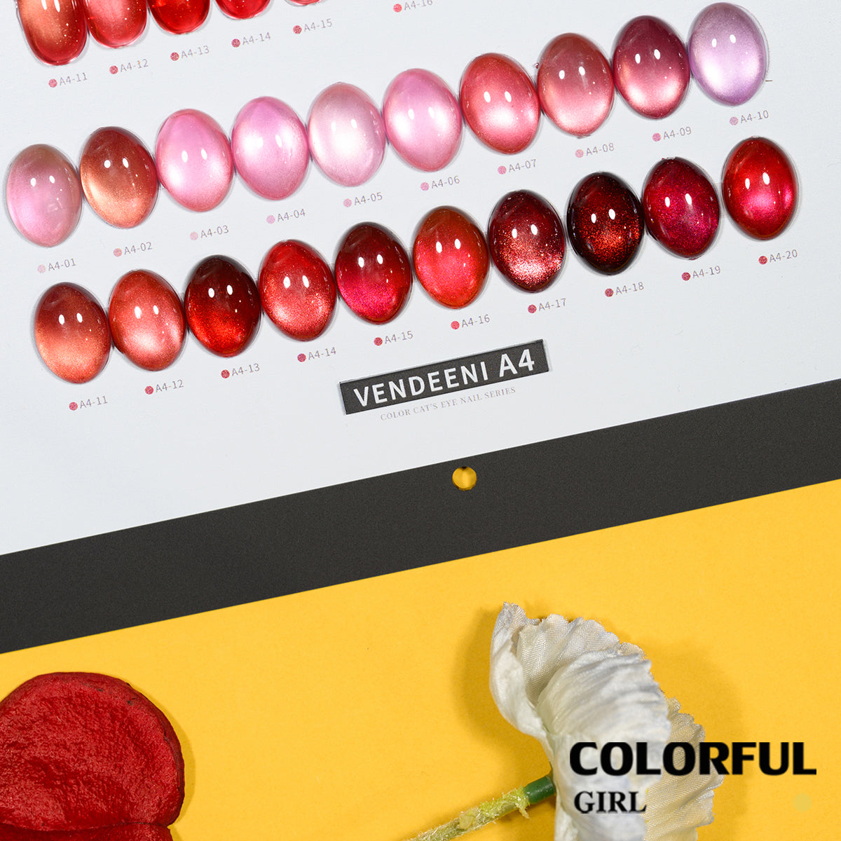 Vendeeni A4 20สี สีเจลแคทอายเนื้อซาติน+สีเจลแค  ลูกแก้วสีชมพู | ฟรีชาร์ทสี