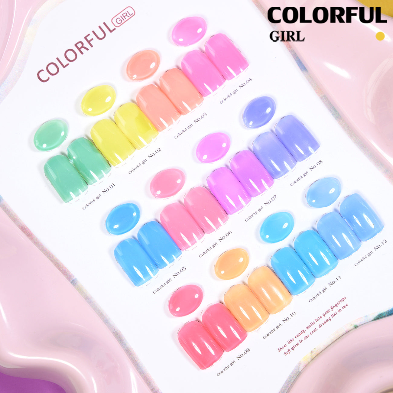 🔥 สินค้าขายดี | 【พร้อมส่ง】COLORFUL GIRL สีเจลไซรัป โทนเบบี้นมใส เนื้อนมละมุน กึ่งโปร่งแสง สีชัดสวย 12 สี (ทามาให้แล้ว พร้อมใช้งาน) ชาร์ตสีเจลสำหรับร้านทำเล็บ