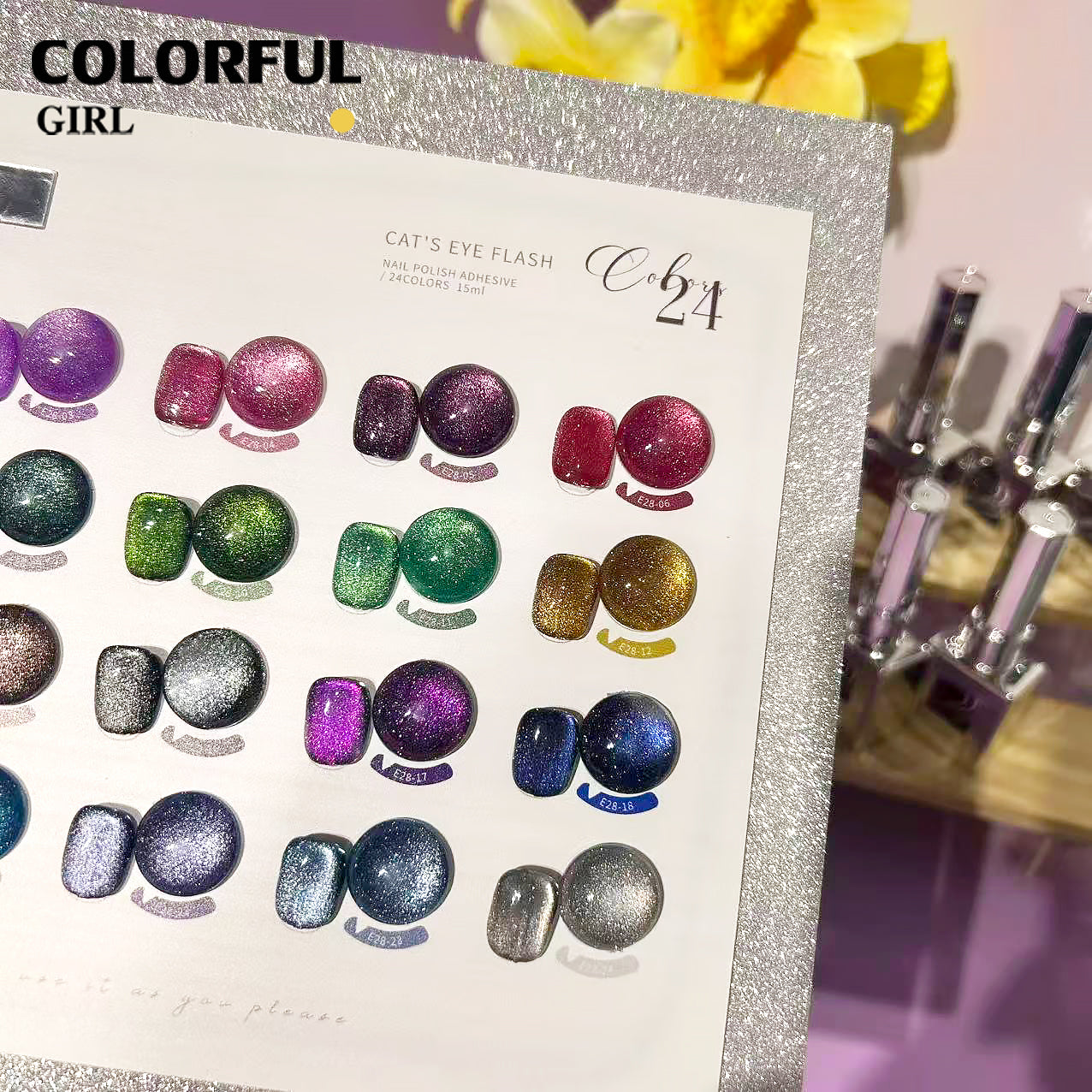 VENDEENI VDN-E28 สีเจลแคทอายประกายเพชร 24สี （แคทอายสูตรนี้มีดีที่กลิตเตอร์! ใส่ผงแฟลชเข้าไป วิบวับขั้นสุด） ฟรีชาร์ทสี
