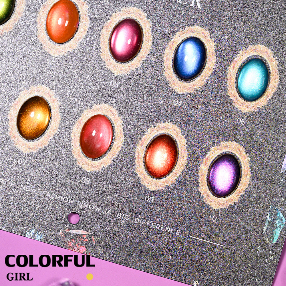 XUANFEIER เจลแคทอาย 10 สี แผ่นสีเจลตาแมวลุคอัญมณี ประกายแสงเปลี่ยนตามมุมมอง · มิติชัดเจน · เงางามดุจอัญมณี · ทุกมุมคือประกายใหม่ (ทามาให้แล้ว พร้อมใช้งาน)