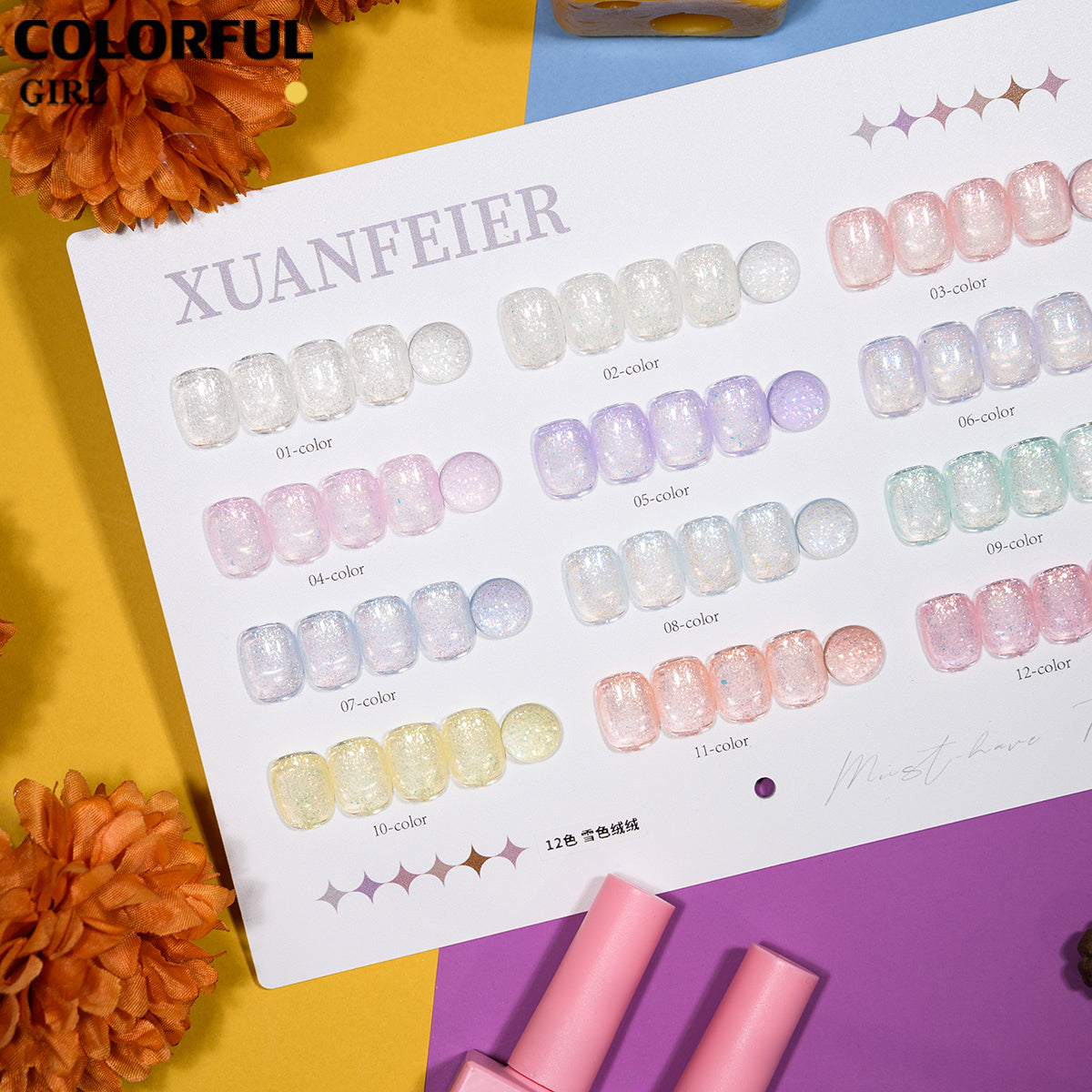 XUANFEIER 12สี สีเจลกลิตเตอร์ เจลไอซ์เฟอร์เกล็ดหิมะ เจลทาเล็บกากเพชรไอซ์เกรเดียนต์ ความหนาแน่นสูง ✨ ฟรีชาร์ทสี