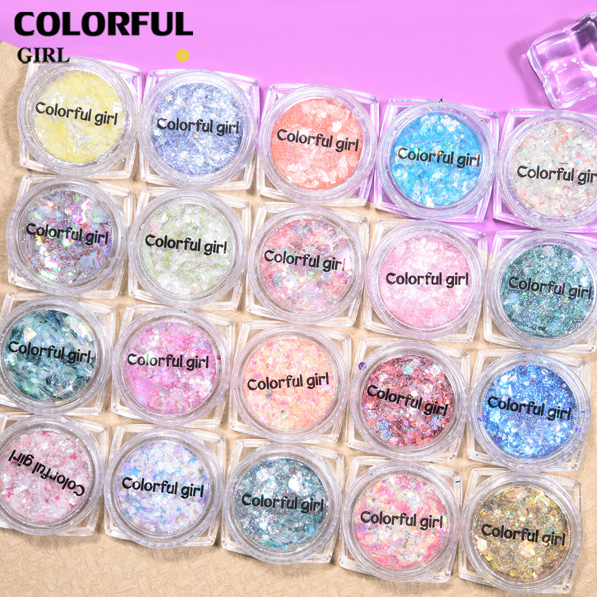 COLORFUL GIRL 20 สี ผงกลิตเตอร์ล็บสูตรพิเศษ  กลิตเตอร์ใหญ่-เล็ก ผสมเปลือกหอย ผงโอปอล ออโรร่า ( ฟรีการ์ดชาร์ทเปล่า )