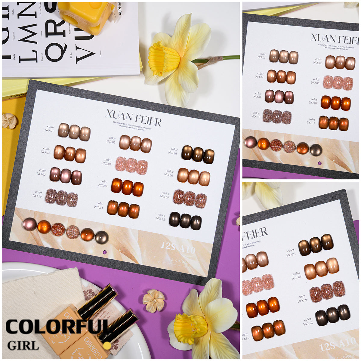 XUANFEIER สีเจลเซ็ตใหม่ 12 สี สีเจลกลิซเตอร์ สีเจลแคทอายเนื้อซาติน, สีเจลแฟลช, แถมฟรีชาร์ทสี ทุกรุ่น