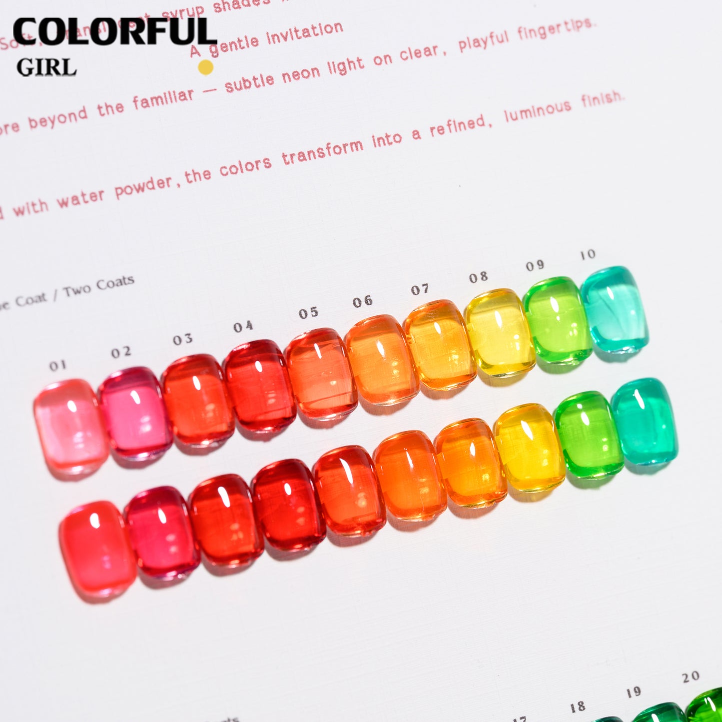 【พร้อมส่ง】COLORFUL GIRL สีเจลไซรัป 20 สี เนื้อสีใสชัด โปร่งแสง เม็ดสีแน่น สีสดชัด โทนสีลูกกวาด โทนสะอาด น่ารัก สบายตา เหมาะสำหรับร้านทำเล็บ (ทามาให้แล้ว พร้อมใช้งาน)