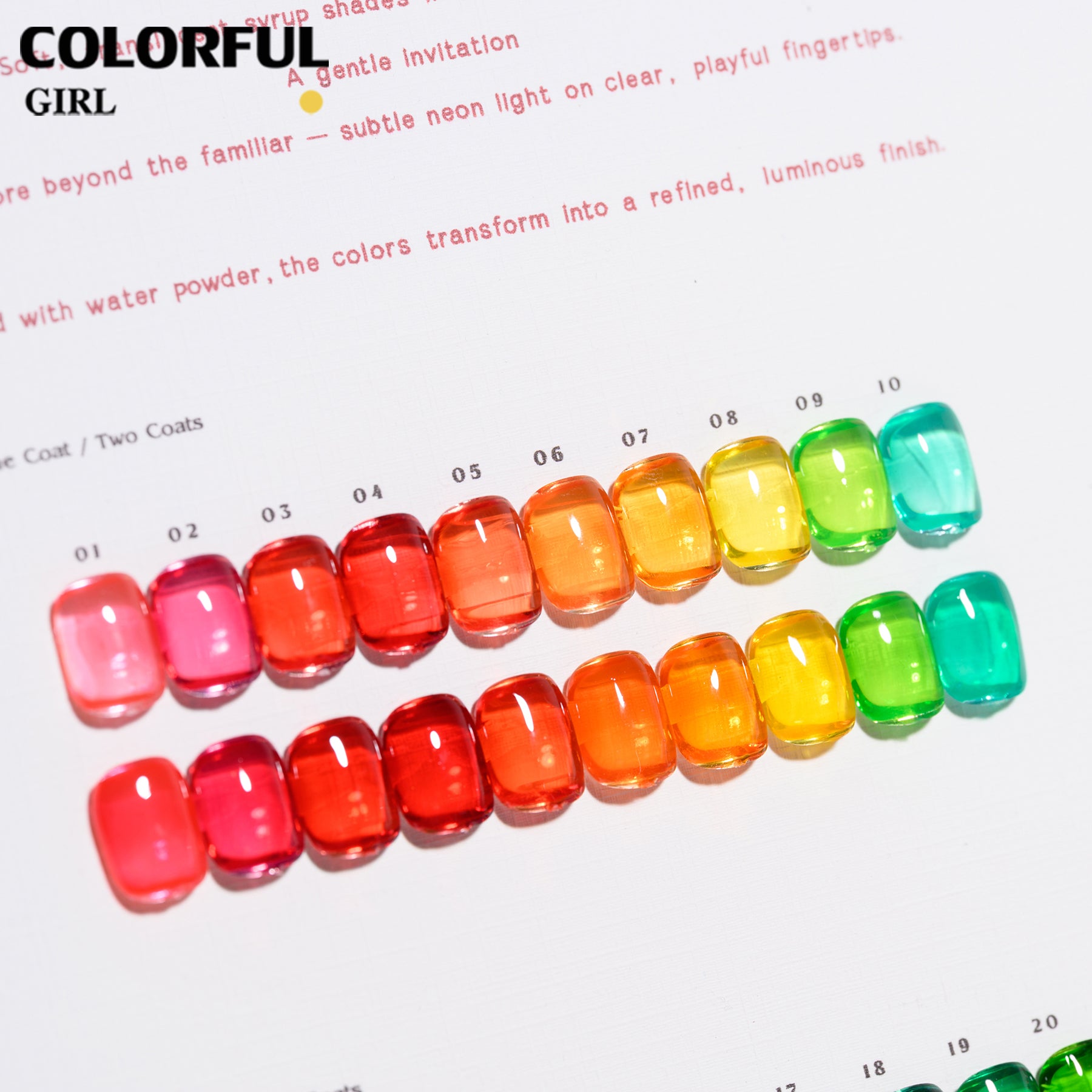 【พร้อมส่ง】COLORFUL GIRL สีเจลไซรัป 20 สี เนื้อสีใสชัด โปร่งแสง เม็ดสีแน่น สีสดชัด โทนสีลูกกวาด โทนสะอาด น่ารัก สบายตา เหมาะสำหรับร้านทำเล็บ (ทามาให้แล้ว พร้อมใช้งาน)