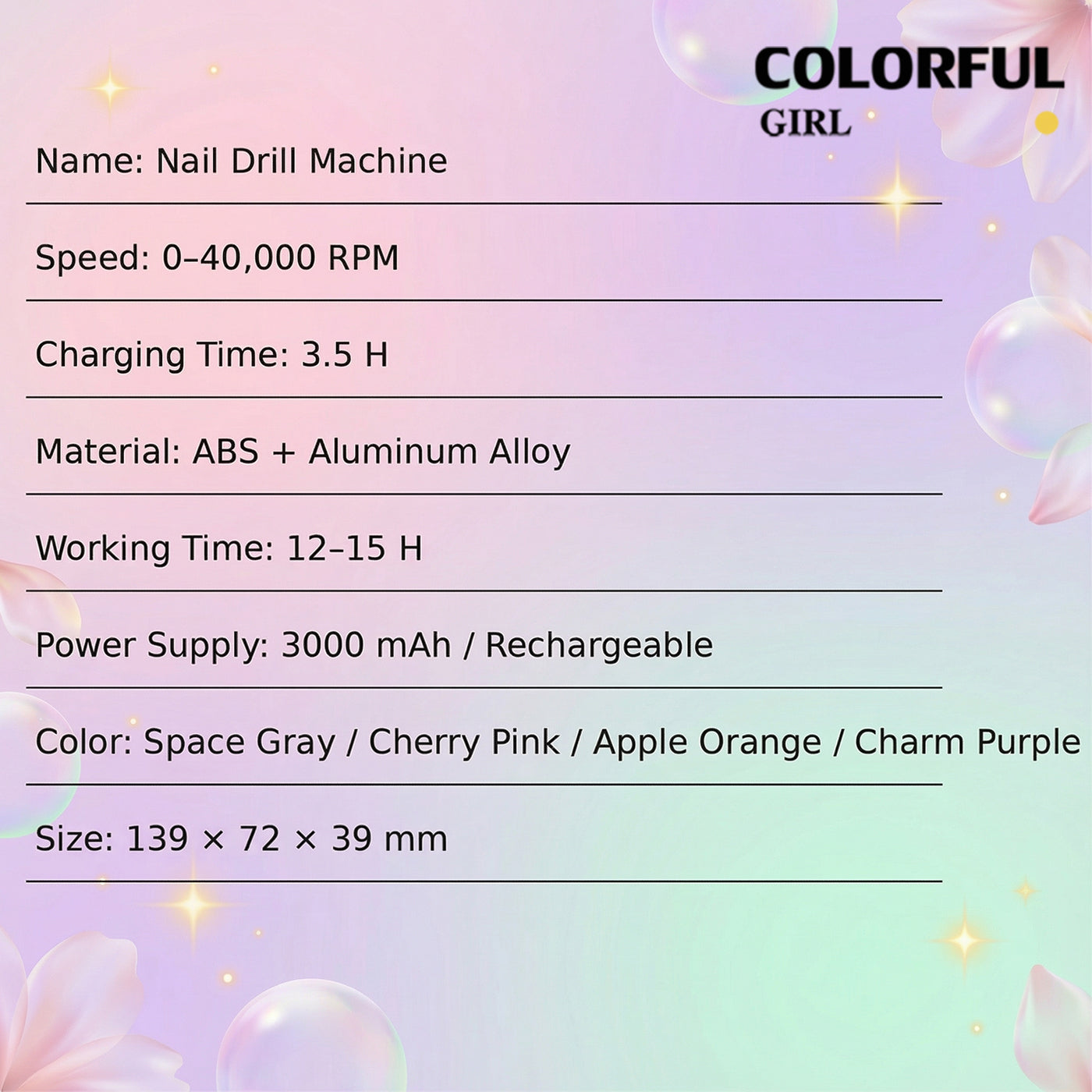 เครื่องเจียเล็บไฟฟ้าแบบพกพา 4 สี |รุ่น M05 ความเร็วสูงสุด 40,000 รอบ/นาที · เสถียร เสียงเบา · ระดับมืออาชีพ ปรับความเร็วด้วยปุ่มหมุน ·  แบตเตอรี่ 3000mAh