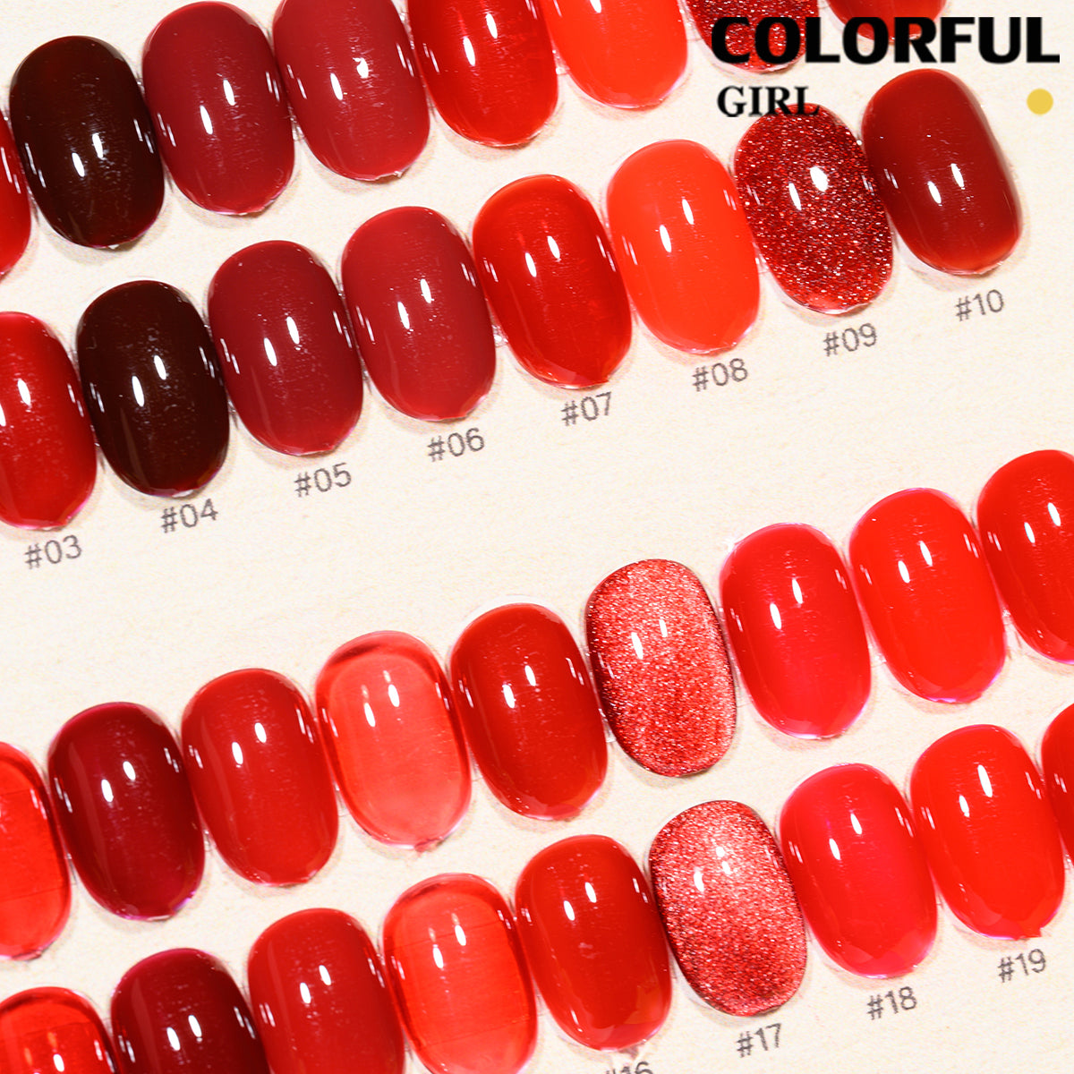 "Colorful Girl โทนสีแดง ✨ 20 สีครบเซ็ต｜รวมหลายเนื้อเจล (สีพื้น/ไซรัป/แฟลช/แคทอาย) ลุคหรูหรา เปล่งประกายดุจดอกกุหลาบ 🌹 (แถมชาร์ทสี พร้อมใช้งาน)"