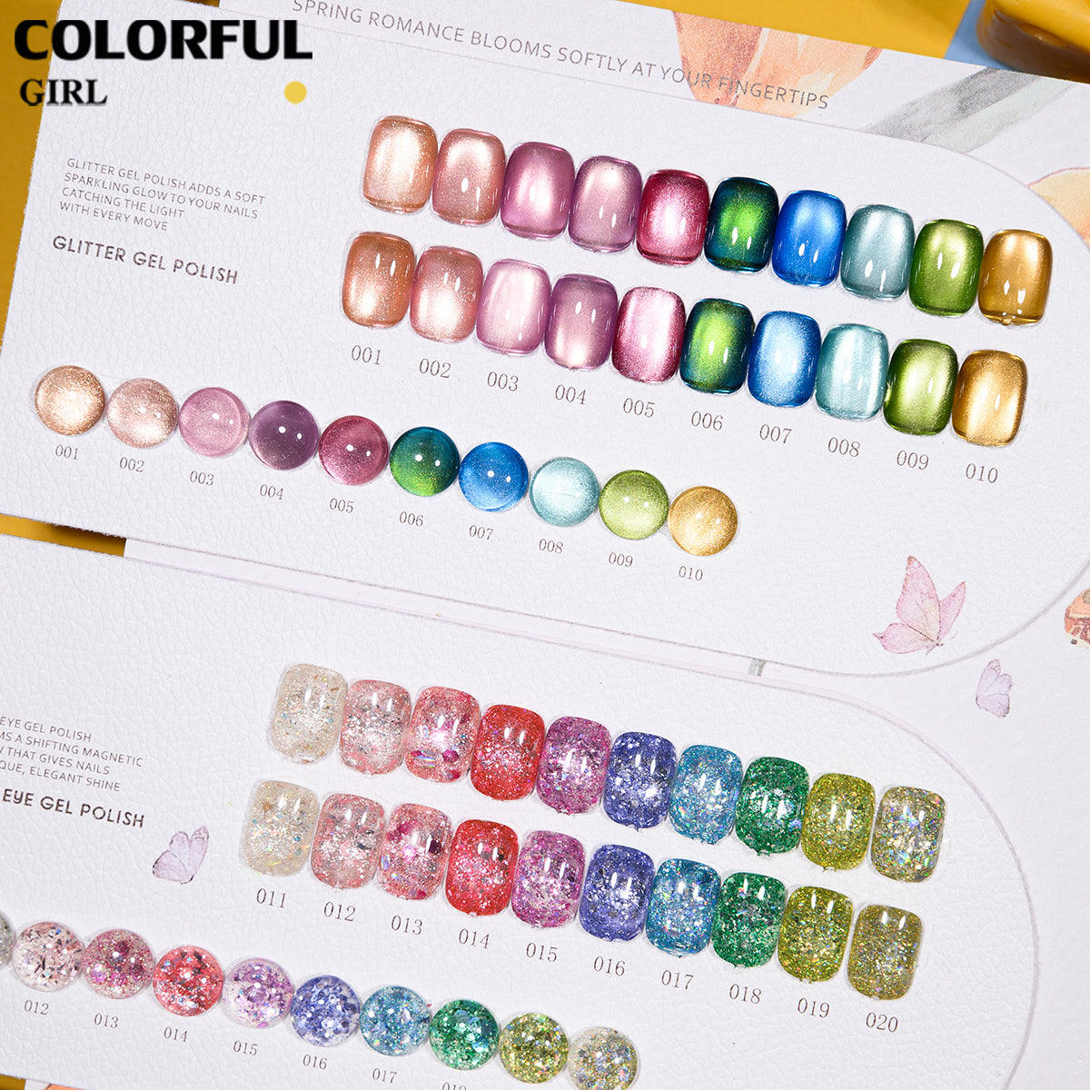 COLORFUL GIRL สีเจล 30 สี (ประกอบด้วย 10 สีเจลกลิตเตอร์ + 10 สีเจลแคทอายเนื้อซาติน + 10 สีเจลแฟลช)  มีแบบแยกขาย