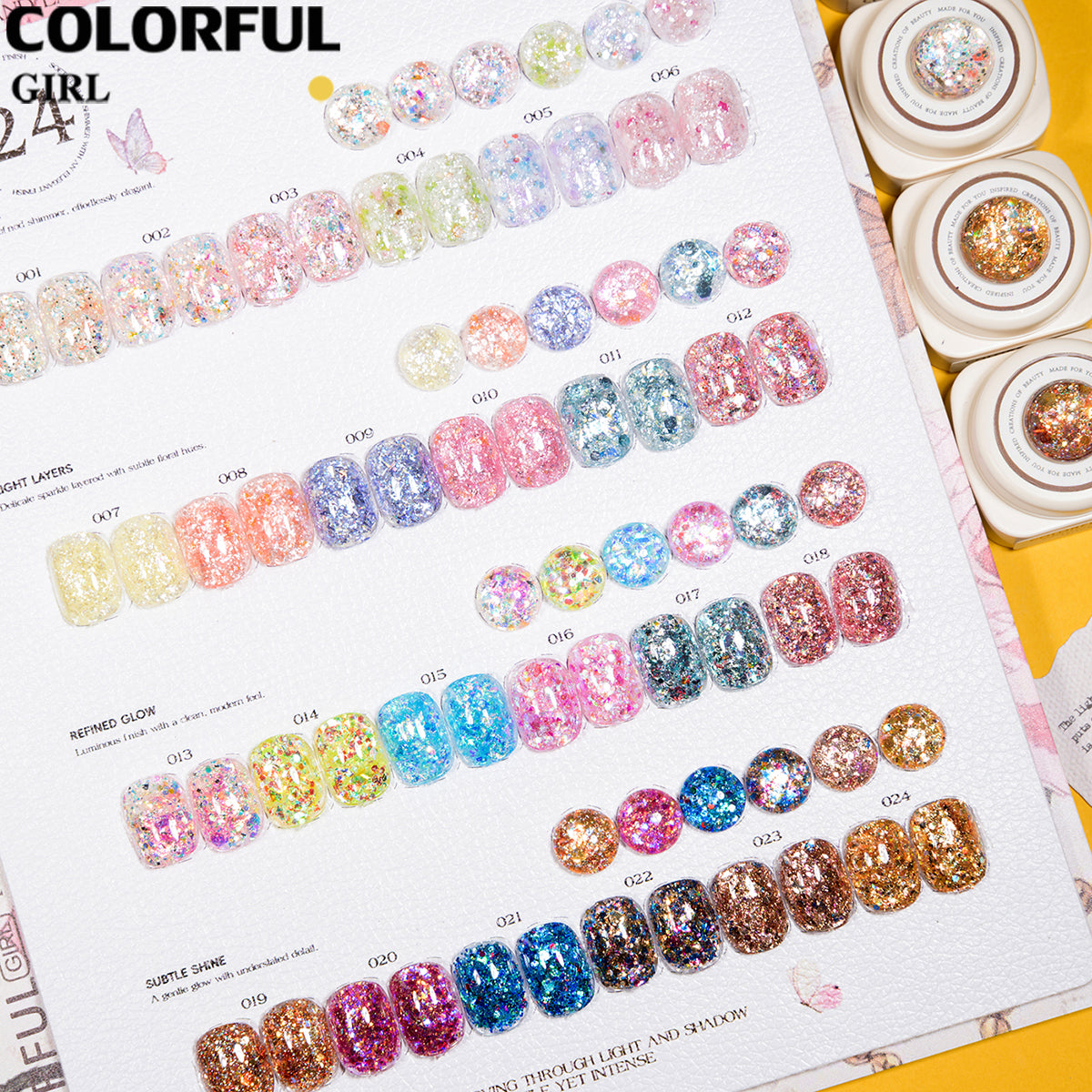 【พร้อมส่ง】เจลเล็บ COLORFUL GIRL 24 สี | สีเจลกลิตเตอร์วิบวับจัดเต็ม |5 กรัม | กลิตเตอร์เนื้อแน่น | แบบกระปุก  วิ้งกระแทกตา เล่นแสงสุดปัง | ทาแล้วดูแพงทันที 💎(ทามาให้แล้ว พร้อมใช้งาน) สีเจลกลิตเตอร์เนื้อแน่น |