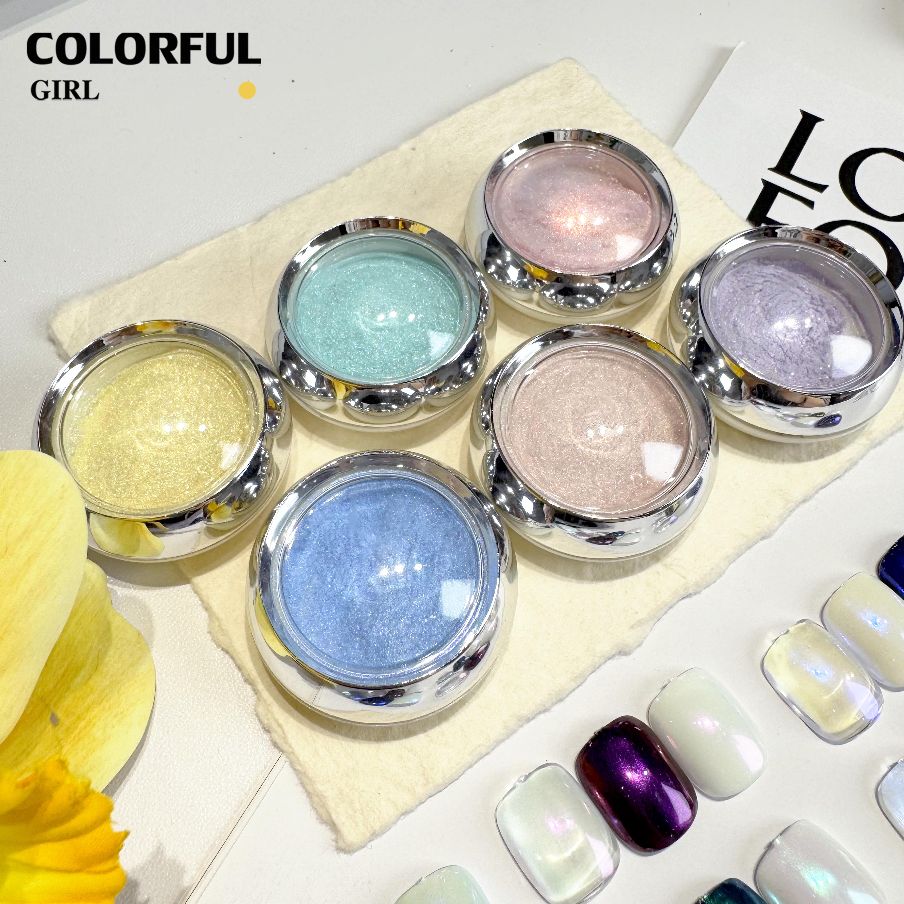 Aurora ผงขัดออโรร่า 6 สี สีโฮโรแกรม สีแต่งเล็บ ผงมุก ผงกระจก นีออน 6 ขวด/ชุด แถมแปรงขัด