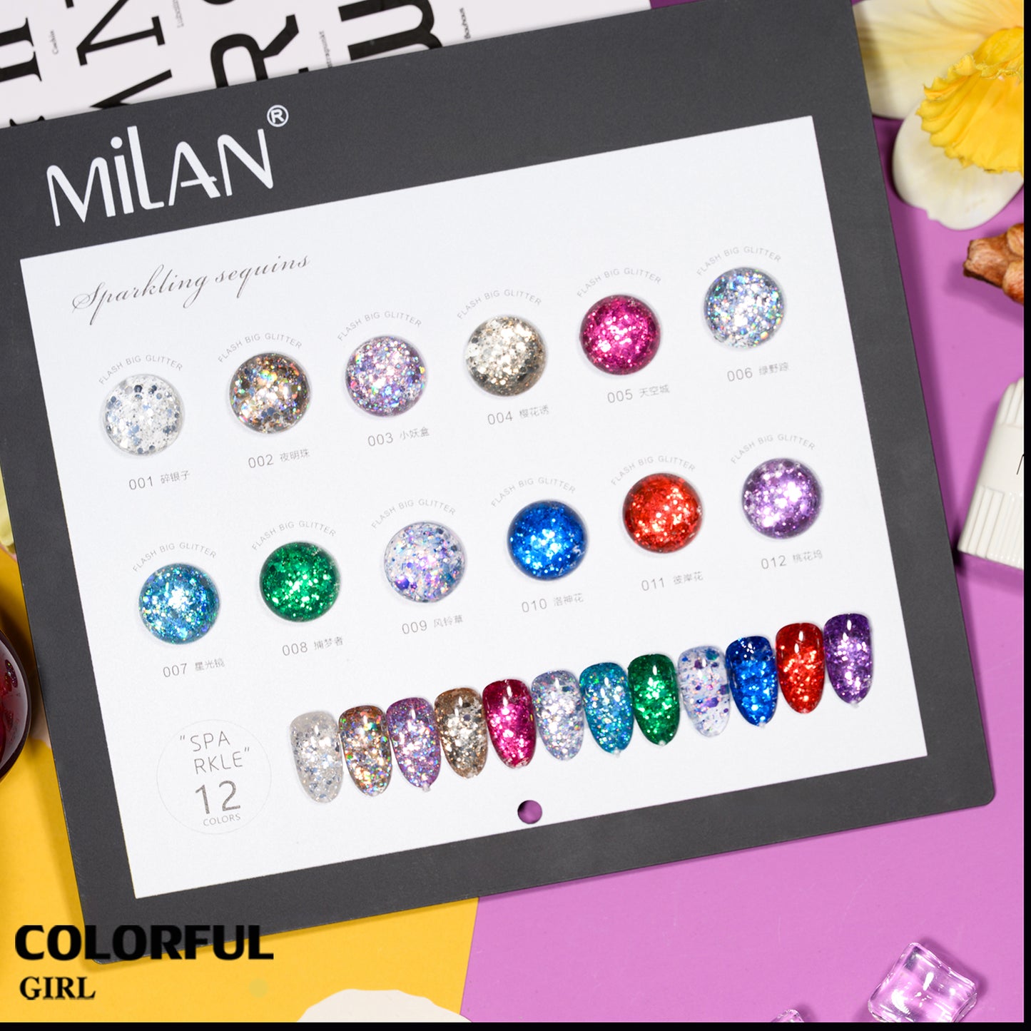 【พร้อมส่ง】สีสีเจล MILANสีกากเพชร สีเจลกลิซเตอร์ 12 สี แถม ชาร์ทสี(milan) สีเจลกลิซเตอร์  สีแฟลช และ สีกากเพชร แบรนด์