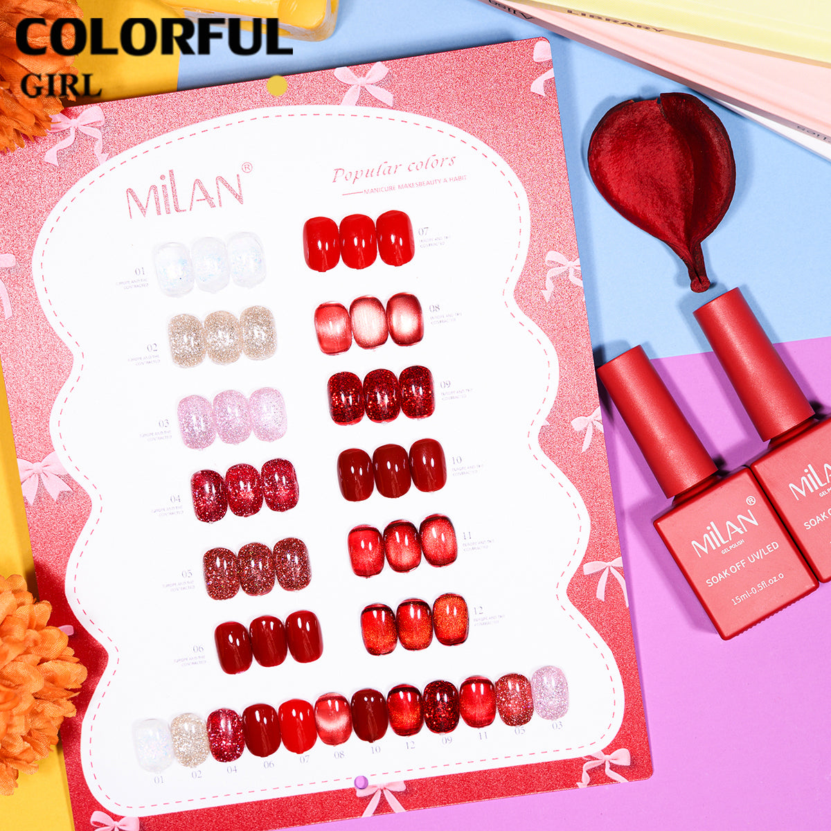 MILAN 12สี รวมแผ่นสีเจลโทนแดงยอดนิยม หลายเฉดสีแดง｜ไวน์แดง / แดงคลาสสิก / แดงนู้ดอมชมพู / แบบกากเพชรละเอียด｜สีเจลแคทอาย /สีเจลแฟลช/สีเจลกลิซเตอร์ ✨ (ทามาให้แล้ว พร้อมใช้งาน)