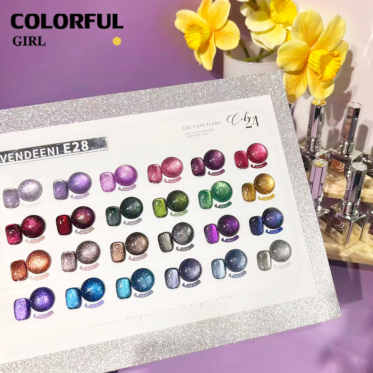 VENDEENI VDN-E28 สีเจลแคทอายประกายเพชร 24สี （แคทอายสูตรนี้มีดีที่กลิตเตอร์! ใส่ผงแฟลชเข้าไป วิบวับขั้นสุด） ฟรีชาร์ทสี