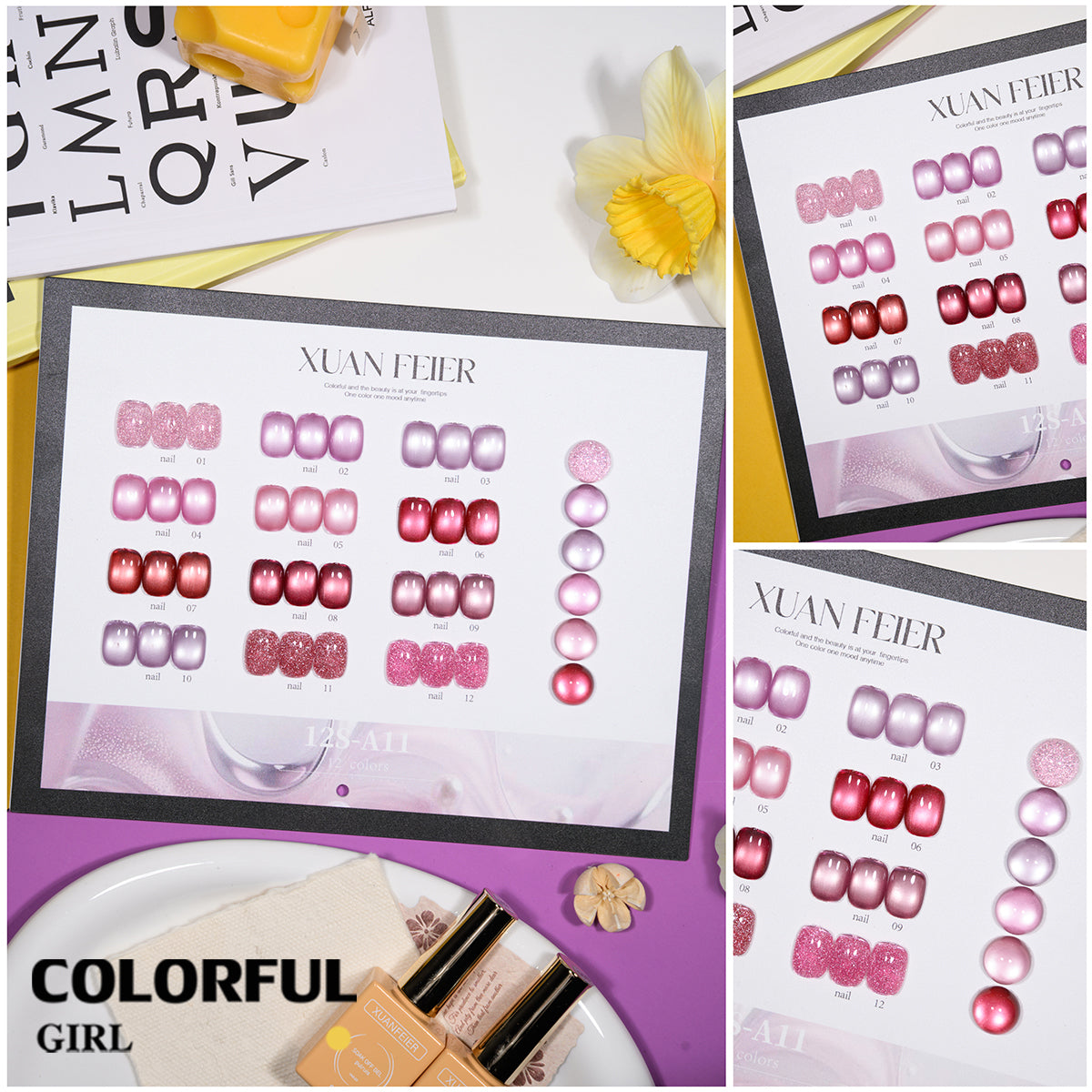 XUANFEIER สีเจลเซ็ตใหม่ 12 สี สีเจลกลิซเตอร์ สีเจลแคทอายเนื้อซาติน, สีเจลแฟลช, แถมฟรีชาร์ทสี ทุกรุ่น
