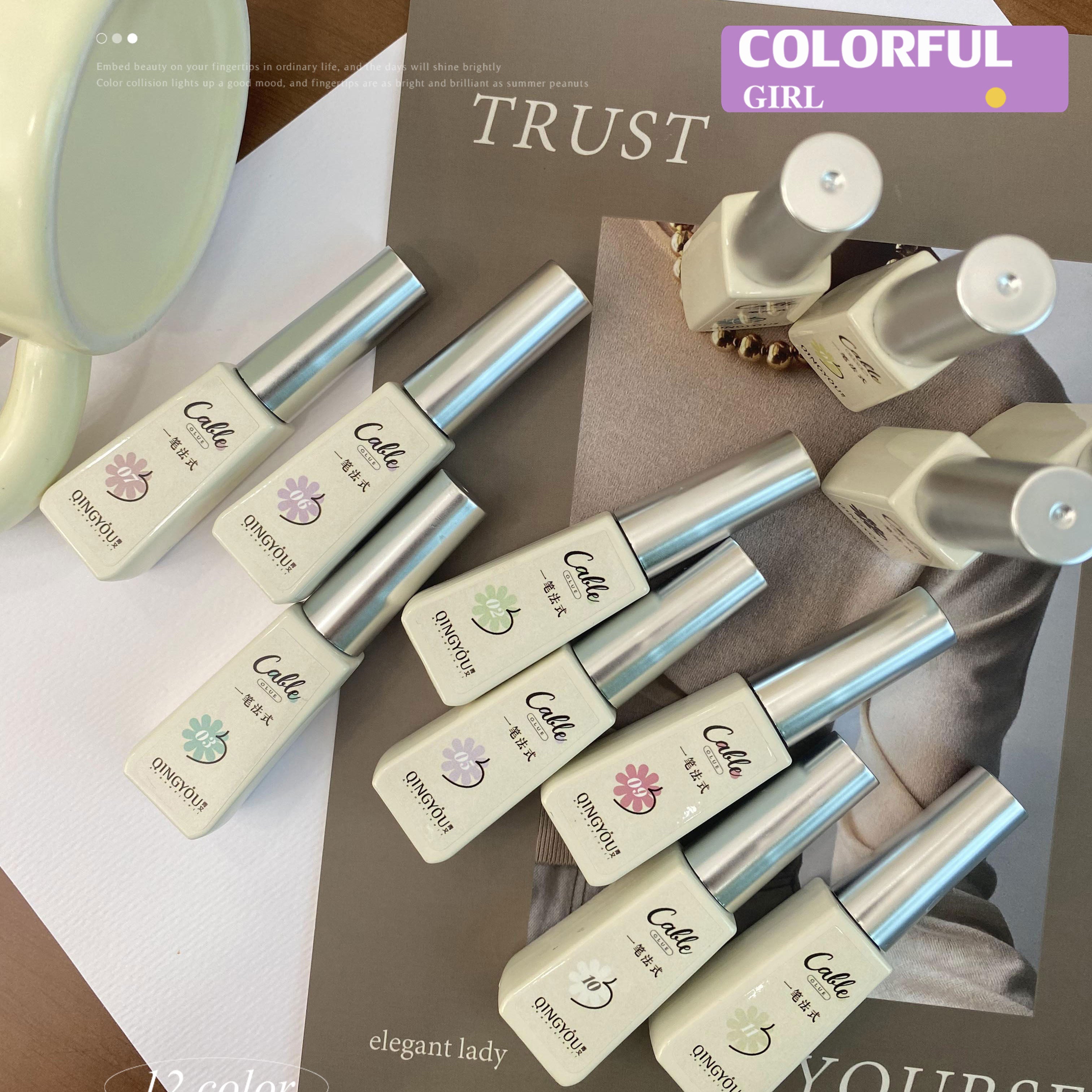 QINGYOU สีเจลแบบไลน์เนอร์  12 สี สีพาสเทล สามารถใช้เพ้นท์ ลากเส้น หรือเฟร้นซ์ปลายเล็บ ได้
