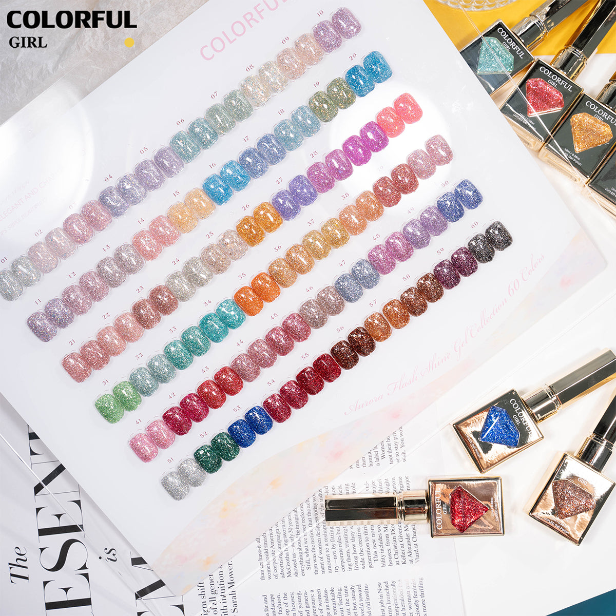 【พร้อมส่ง】Colorful Girl สีเจลแฟลชผสมฟอยล์เงิน 60 สี ชุดใหญ่สำหรับร้านทำเล็บ ประกายวิบวับ เล่นแสงสวย เปล่งประกายแม้อยู่กลางแสงแดด สีครบ ใช้งานระดับมืออาชีพ + ฟรีชาร์ทสี