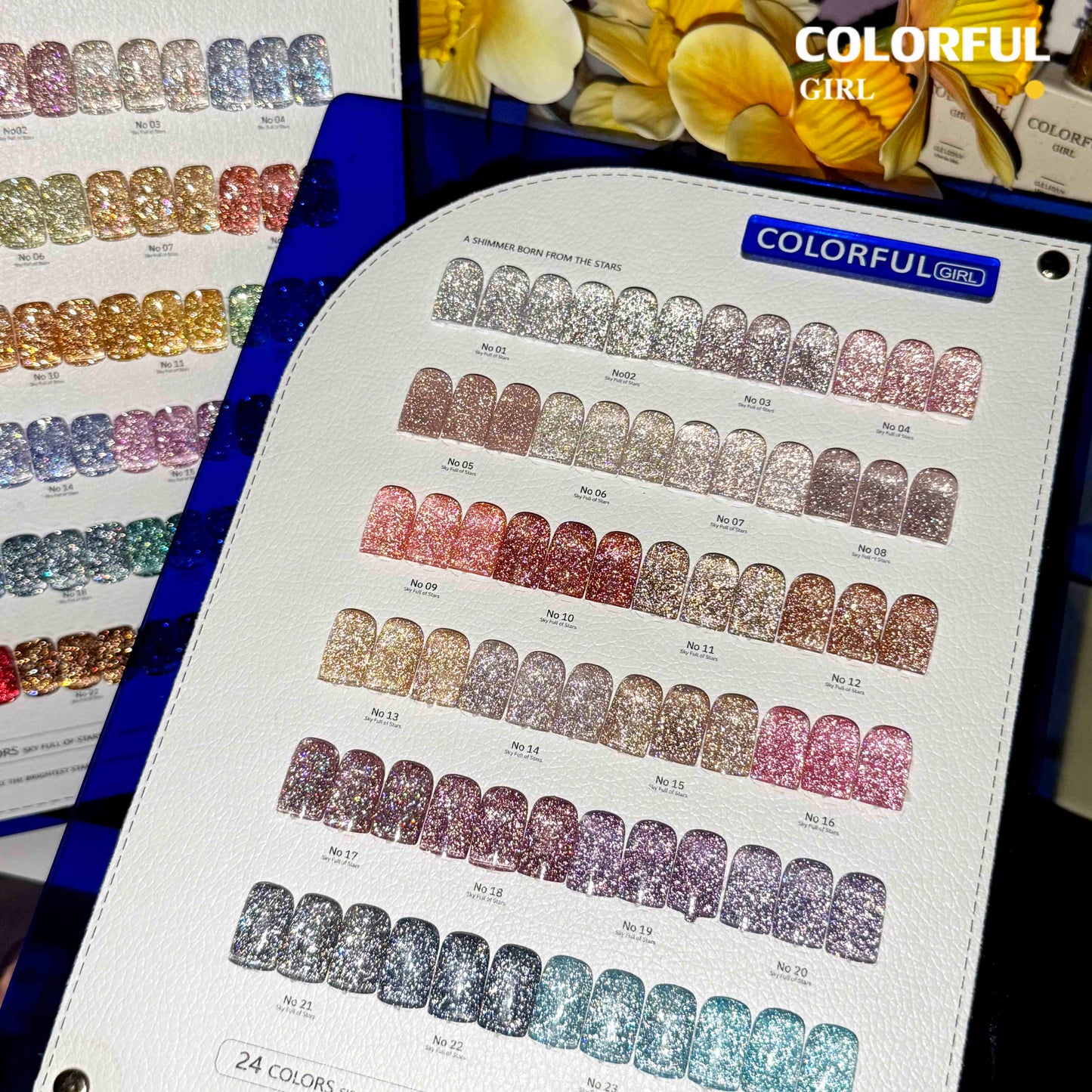 Colorful Girl สีเจลแฟลช 24 สี  สีแฟลช สีแน่นสวย ประกายเด่นชัด   มีให้เลือก 2 โทนสี — โทนเข้ม & โทนอ่อน  แถมฟรีชาร์ทสี