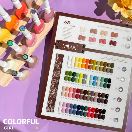 【พร้อมส่ง】สีเจล Milan 68สี 1 ชาต( ขนาด 15ml)สีเจลกลิซเตอร์+ สีเจลสีพื้น+ สีเจลไซรัป แถมท็อปกับเบสและชาตสี สีทาเล็บ พร้อมชาร์ทโชว์ ขวดสีเดียวกับสี