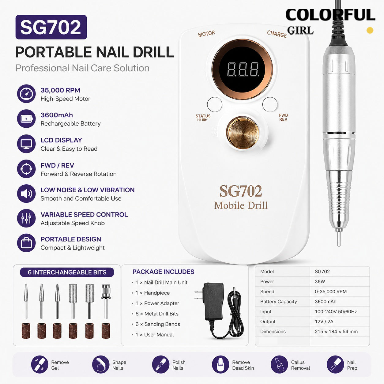 ✨ SG702 เครื่องเจียรเล็บไฟฟ้าแบบพกพา | เครื่องเจียรเล็บมืออาชีพ 35000RPM | ตะไบเล็บไฟฟ้าแบบปรับความเร็วได้ | เครื่องขัดเล็บไฟฟ้าแบบพกพา | ระบบหมุนซ้าย-ขวา เสียงเบา | ใช้ได้ทั้งร้านทำเล็บและใช้งานในบ้าน