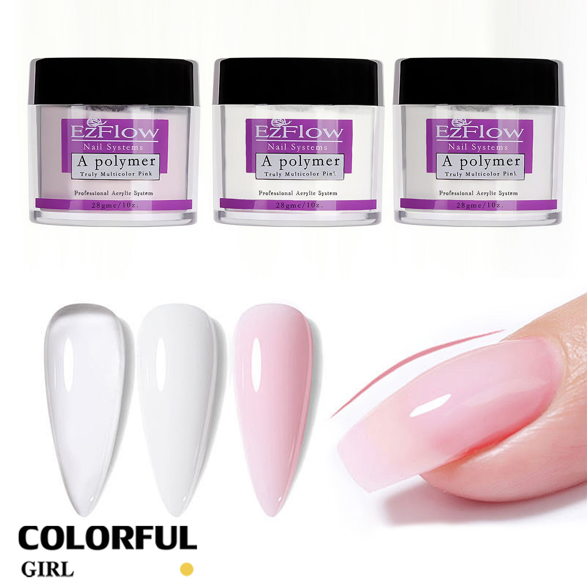 Ezflow ผงอะคริลิค / น้ำยาต่อเล็บอะคริลิค เซ็ตทำเล็บอะคริลิคครบชุด 💅 กระปุกใส 28 กรัม มี 3 สี | น้ำยาโมโนเมอร์  เซ็ตตัวปานกลาง กลิ่นอ่อน ใช้งานง่าย