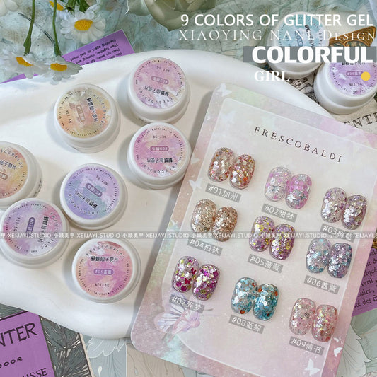 พร้อมส่ง  เจลทาเล็บ Butterfly Fairy Series 9 สีเลื่อมวัสดุกาวเล็บ 5g กาวส่องไฟกระป๋อง Super Flash เลื่อมขนาดใหญ่ล้างฟรี Soaking ยาทาเล็บกาว