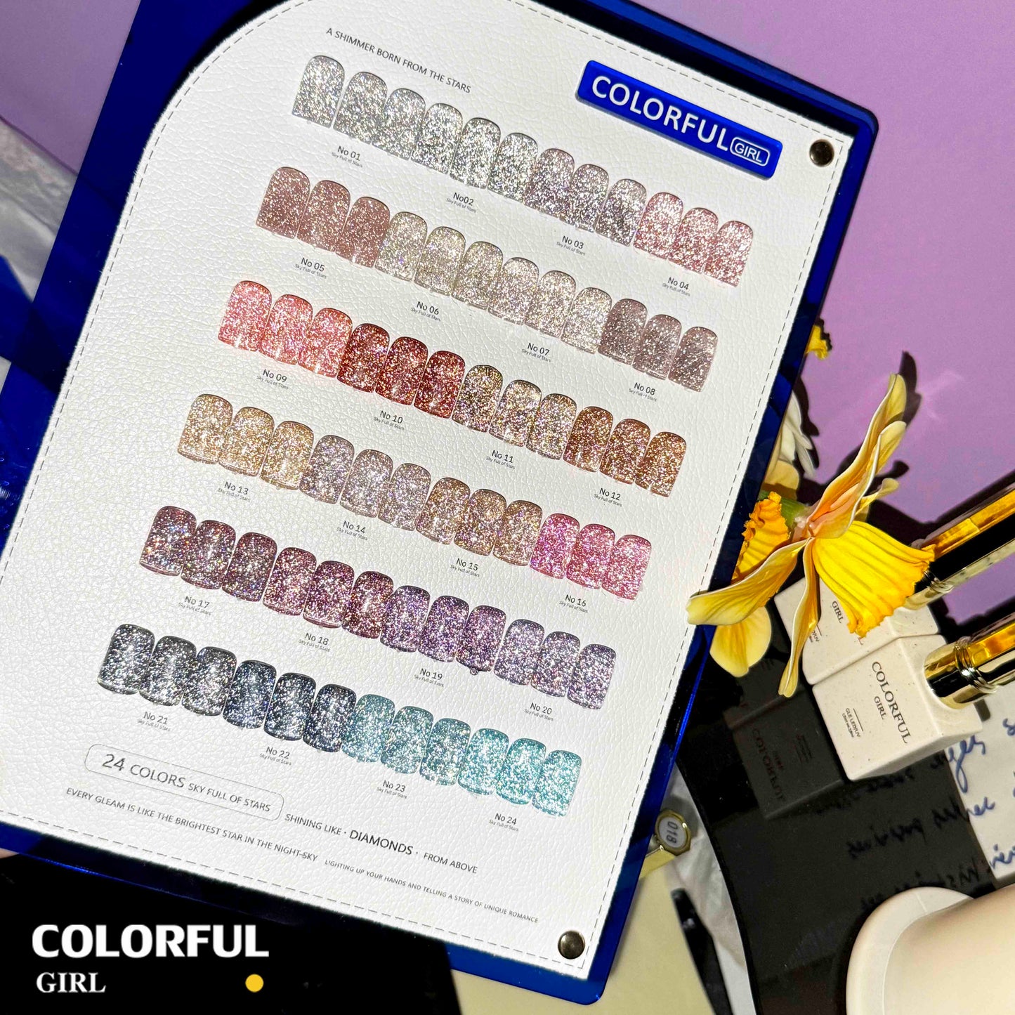 Colorful Girl สีเจลแฟลช 24 สี  สีแฟลช สีแน่นสวย ประกายเด่นชัด   มีให้เลือก 2 โทนสี — โทนเข้ม & โทนอ่อน  แถมฟรีชาร์ทสี