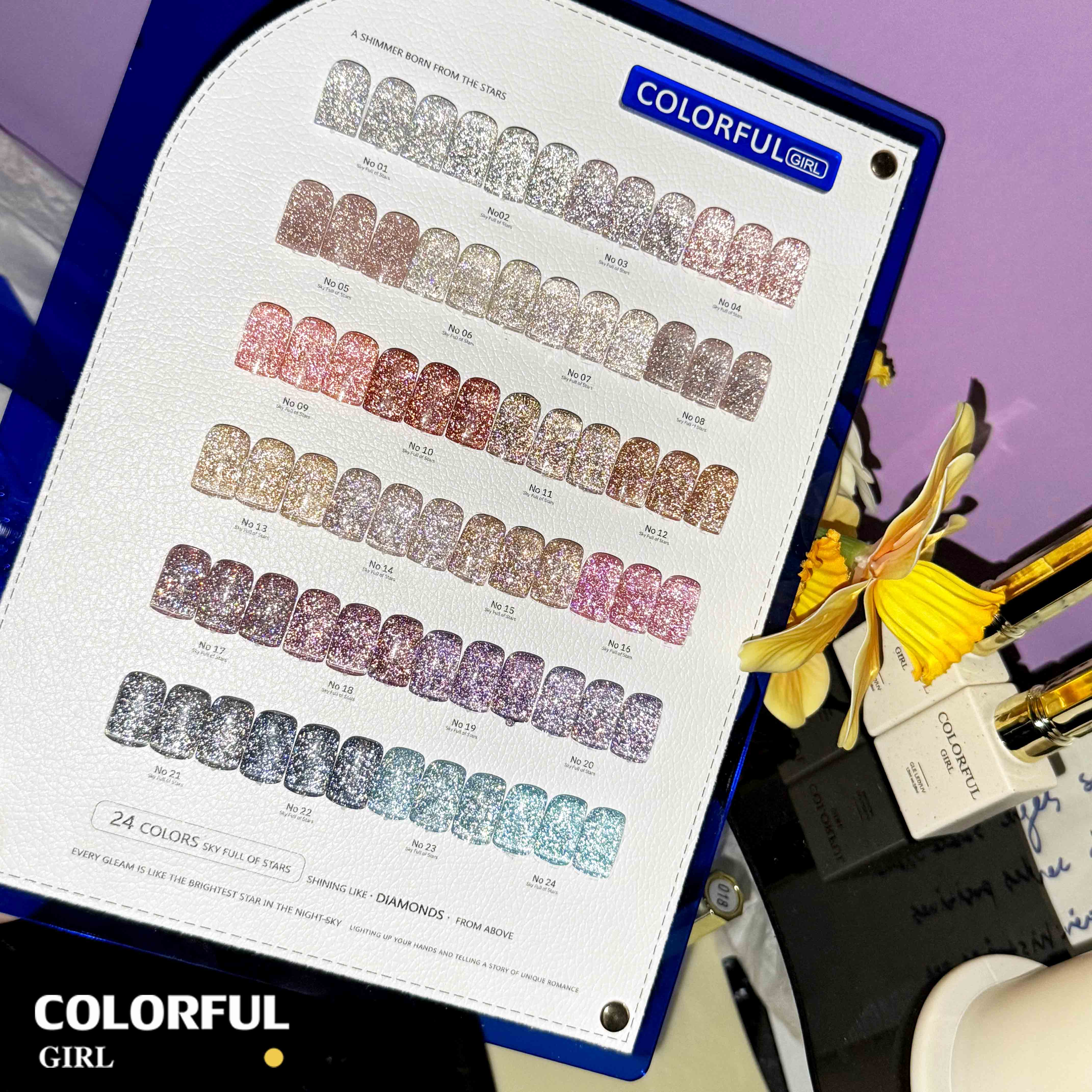 Colorful Girl สีเจลแฟลช 24 สี  สีแฟลช สีแน่นสวย ประกายเด่นชัด   มีให้เลือก 2 โทนสี — โทนเข้ม & โทนอ่อน  แถมฟรีชาร์ทสี