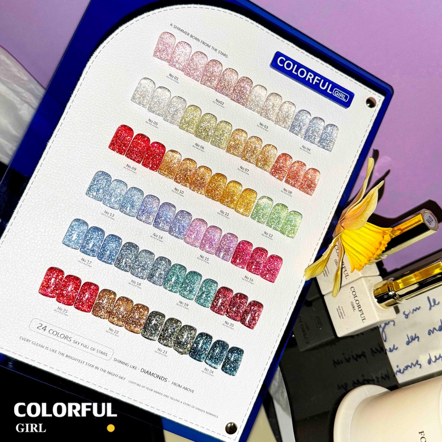 Colorful Girl สีเจลแฟลช 24 สี  สีแฟลช สีแน่นสวย ประกายเด่นชัด   มีให้เลือก 2 โทนสี — โทนเข้ม & โทนอ่อน  แถมฟรีชาร์ทสี
