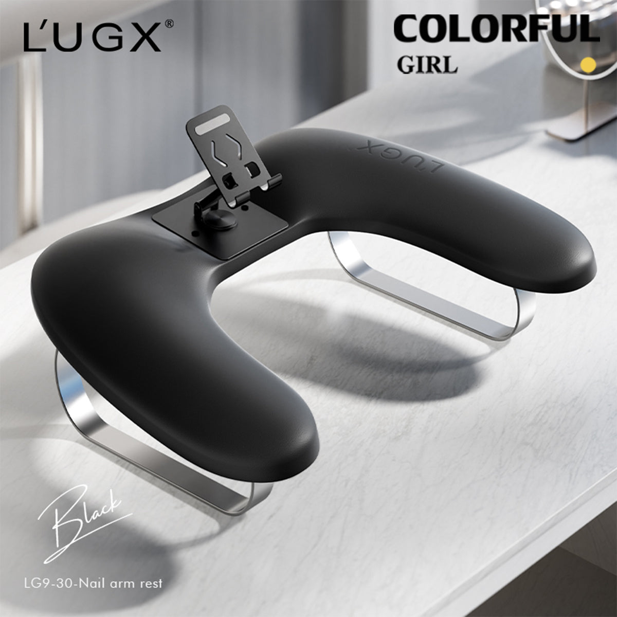 LUGX ที่วางมือทำเล็บทรงตัว U เอียง｜หนัง PU พร้อมขาตั้งสแตนเลส｜ที่วางมือถือหมุนได้ 360°｜หมอนรองมือรูปเล็บรูปตัว U พับได้  หมอนรองมือสำหรับช่างทำเล็บบนโต๊ะ สีดำ / สีขาว