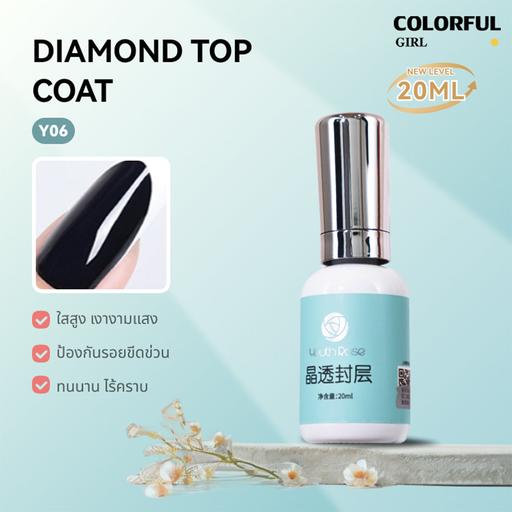 Youth Rose รุ่นใหม่ เพิ่มปริมาณ  Top Coat / Base Coat / Hard Gel /Primer/TOP MATTE เงาทนนาน 45 วัน ปริมาณ 20 ml