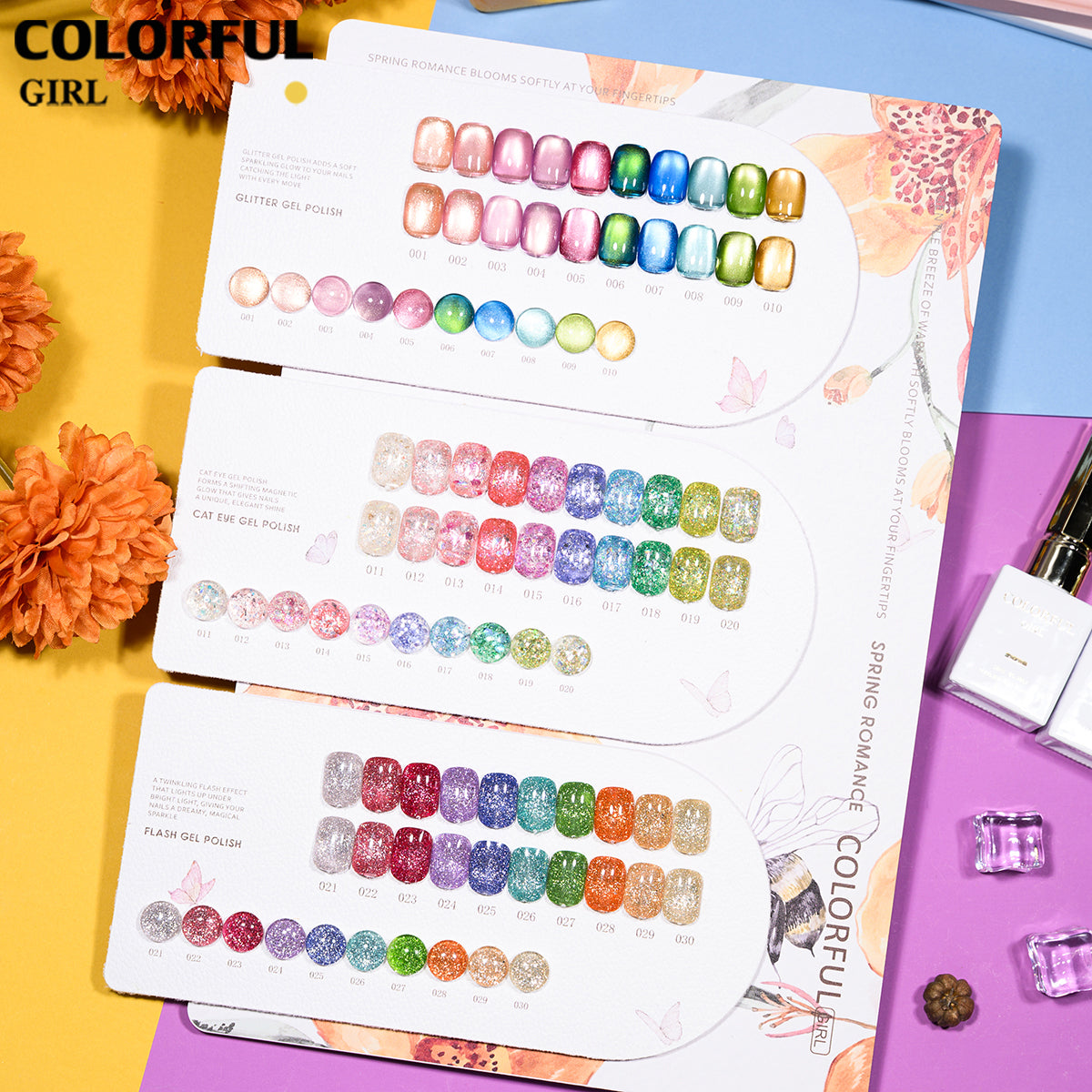 COLORFUL GIRL สีเจล 30 สี (ประกอบด้วย 10 สีเจลกลิตเตอร์ + 10 สีเจลแคทอายเนื้อซาติน + 10 สีเจลแฟลช)  มีแบบแยกขาย
