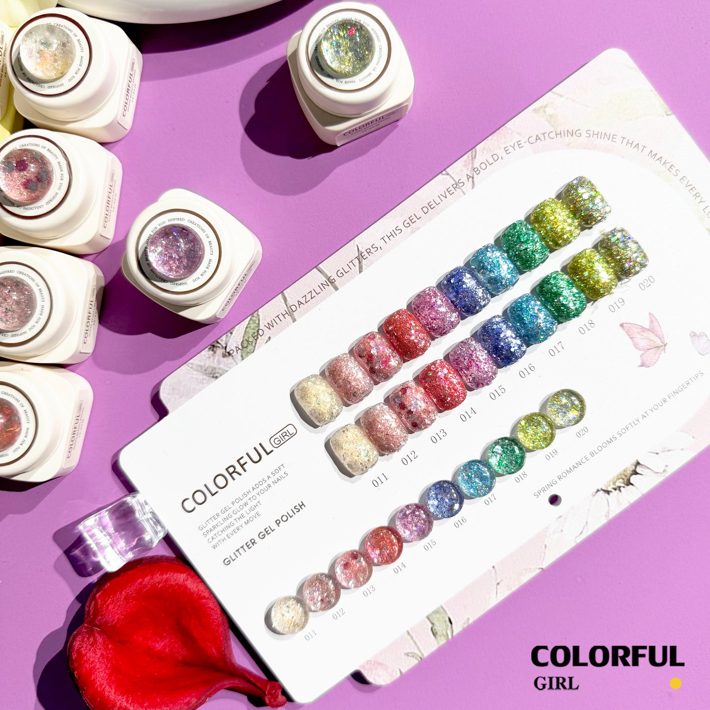 COLORFUL GIRL สีเจล 30 สี (ประกอบด้วย 10 สีเจลกลิตเตอร์ + 10 สีเจลแคทอายเนื้อซาติน + 10 สีเจลแฟลช)  มีแบบแยกขาย