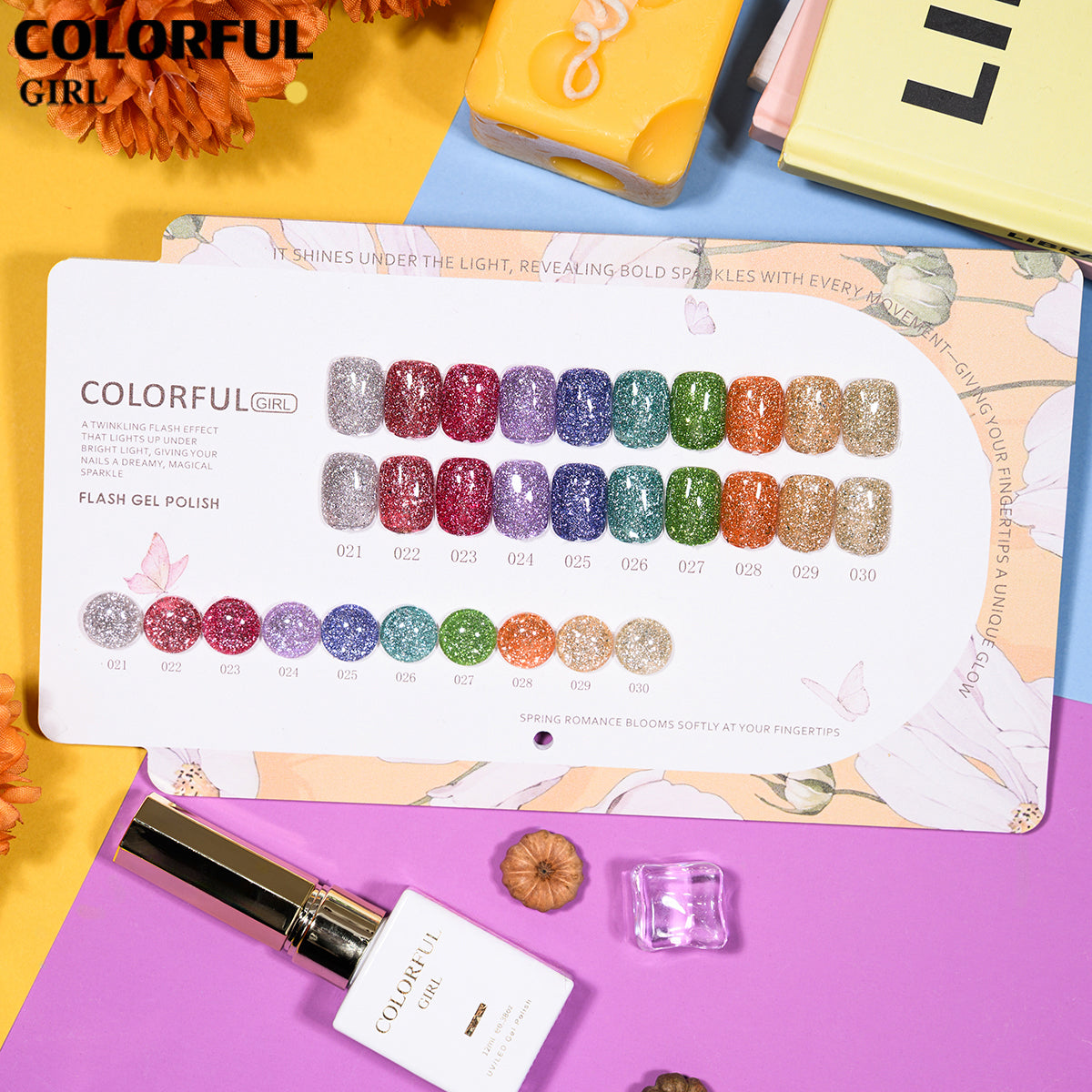 COLORFUL GIRL สีเจล 30 สี (ประกอบด้วย 10 สีเจลกลิตเตอร์ + 10 สีเจลแคทอายเนื้อซาติน + 10 สีเจลแฟลช)  มีแบบแยกขาย