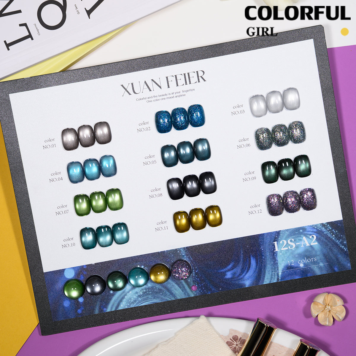 XUANFEIER สีเจลเซ็ตใหม่ 12 สี สีเจลกลิซเตอร์ สีเจลแคทอายเนื้อซาติน, สีเจลแฟลช, แถมฟรีชาร์ทสี ทุกรุ่น