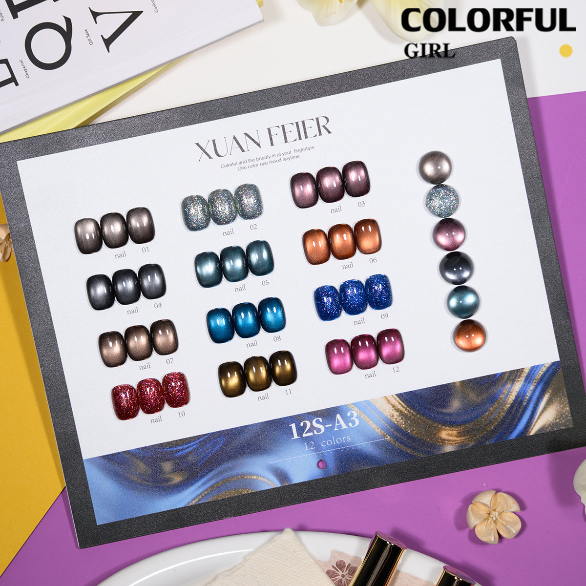XUANFEIER สีเจลเซ็ตใหม่ 12 สี สีเจลกลิซเตอร์ สีเจลแคทอายเนื้อซาติน, สีเจลแฟลช, แถมฟรีชาร์ทสี ทุกรุ่น