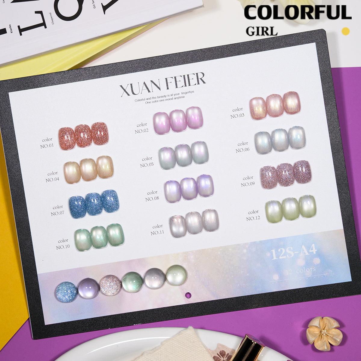 XUANFEIER สีเจลเซ็ตใหม่ 12 สี สีเจลกลิซเตอร์ สีเจลแคทอายเนื้อซาติน, สีเจลแฟลช, แถมฟรีชาร์ทสี ทุกรุ่น