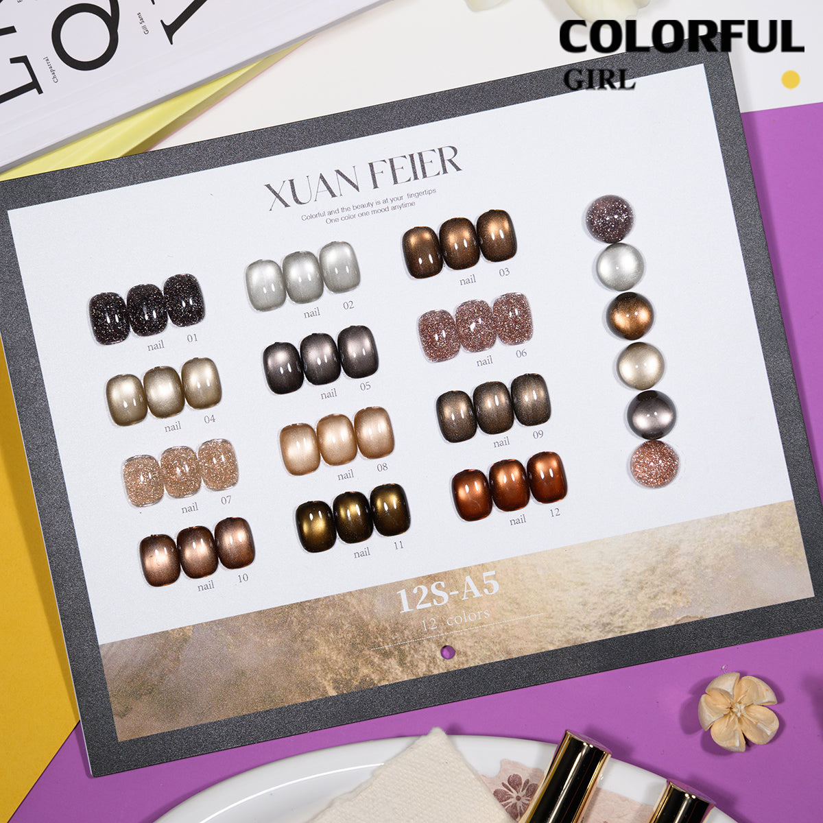 XUANFEIER สีเจลเซ็ตใหม่ 12 สี สีเจลกลิซเตอร์ สีเจลแคทอายเนื้อซาติน, สีเจลแฟลช, แถมฟรีชาร์ทสี ทุกรุ่น