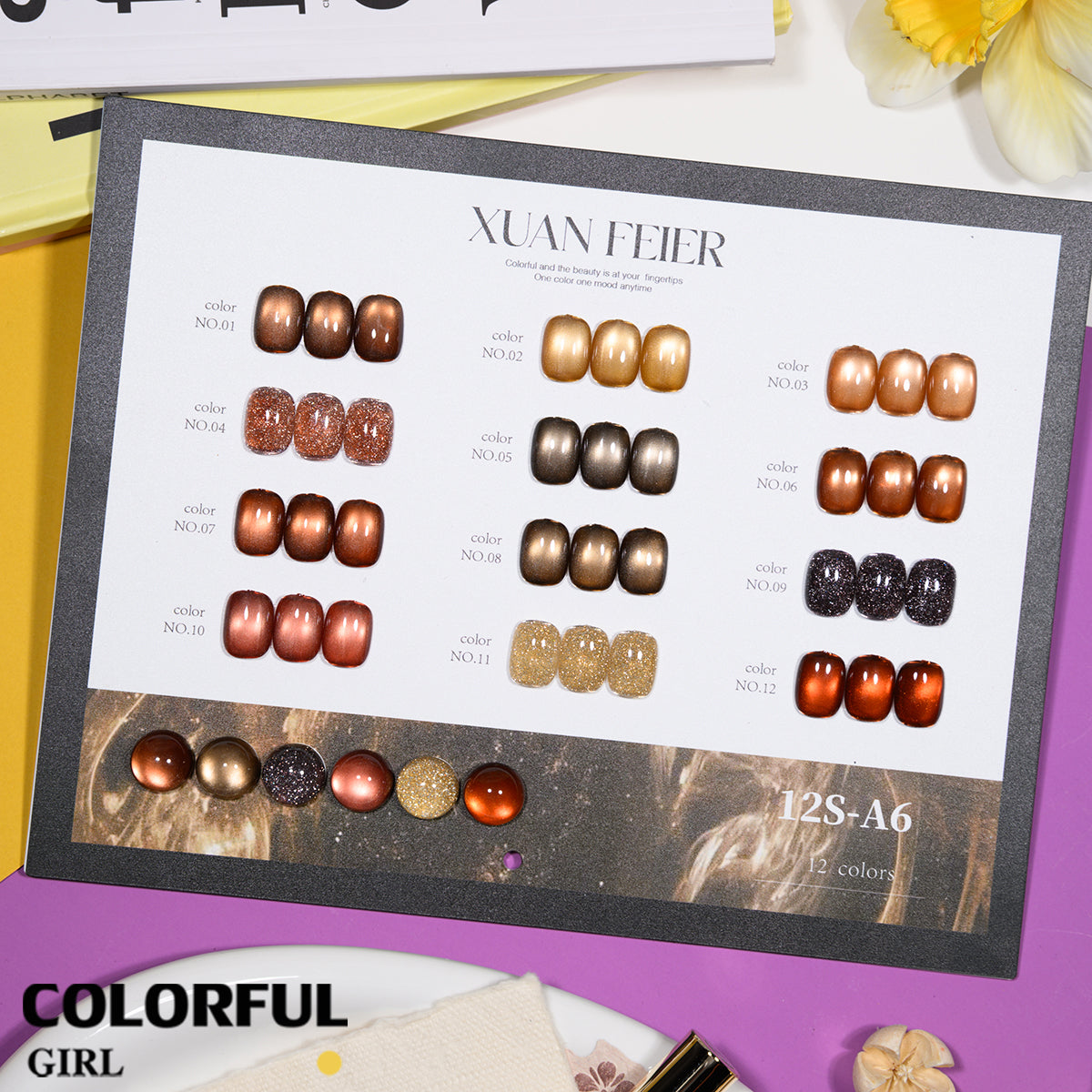 XUANFEIER สีเจลเซ็ตใหม่ 12 สี สีเจลกลิซเตอร์ สีเจลแคทอายเนื้อซาติน, สีเจลแฟลช, แถมฟรีชาร์ทสี ทุกรุ่น