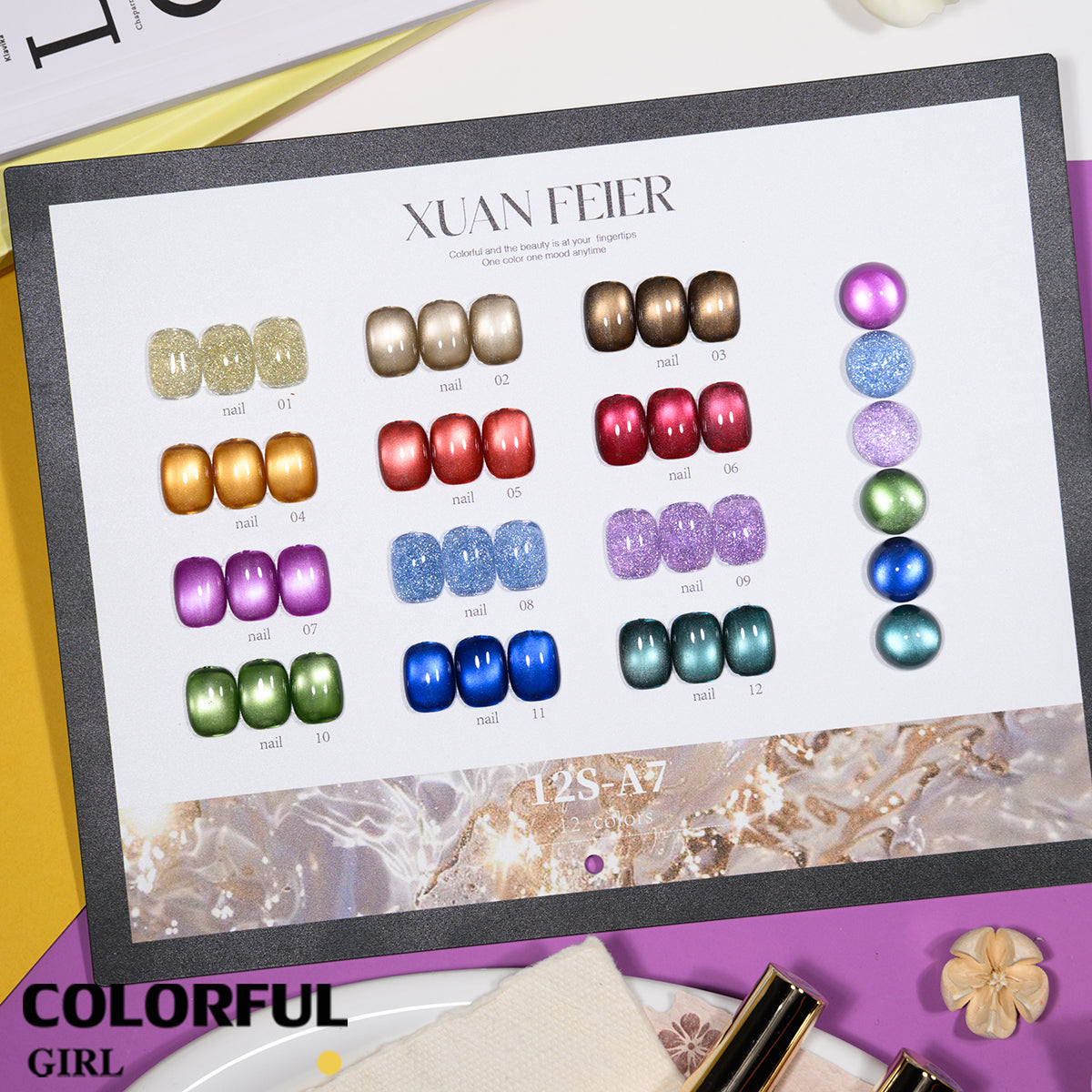 XUANFEIER สีเจลเซ็ตใหม่ 12 สี สีเจลกลิซเตอร์ สีเจลแคทอายเนื้อซาติน, สีเจลแฟลช, แถมฟรีชาร์ทสี ทุกรุ่น