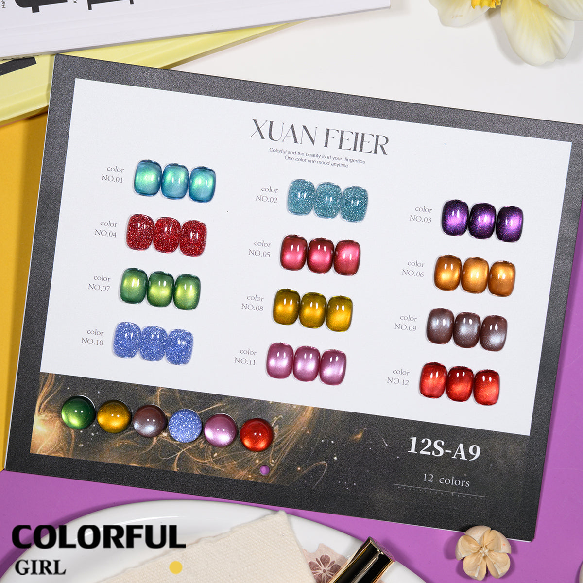 XUANFEIER สีเจลเซ็ตใหม่ 12 สี สีเจลกลิซเตอร์ สีเจลแคทอายเนื้อซาติน, สีเจลแฟลช, แถมฟรีชาร์ทสี ทุกรุ่น